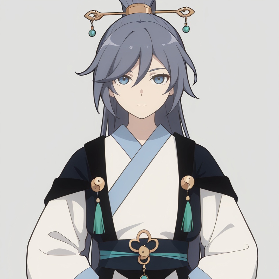 masterpiece, best quality,grey background,looking at viewer,SOLO,simple background,    canzhuo_style, fu_hua, ponytail, hanfu, long sleeves,ornament,Chinese clothes,taoist robes, boots,gold_trim,jewelry,Tassel<lora:餐桌道袍-ill2pro-e:0.8>