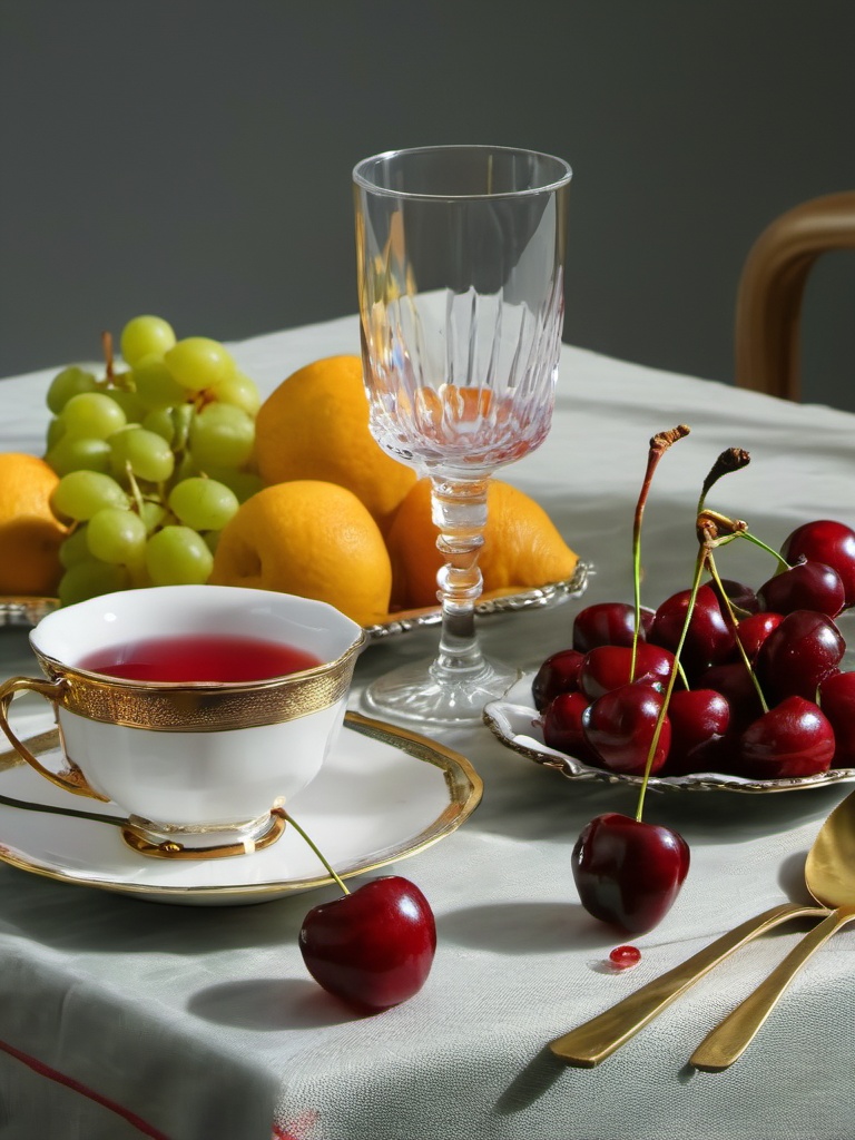 xingudian,food,fruit,no humans,drinking glass,cup,food focus,still life,table,tablecloth,realistic,plate,wine glass,cherry,grey background,masterpiece,8K,realistic,UHD,<lora:xingudian 1.0:1>,