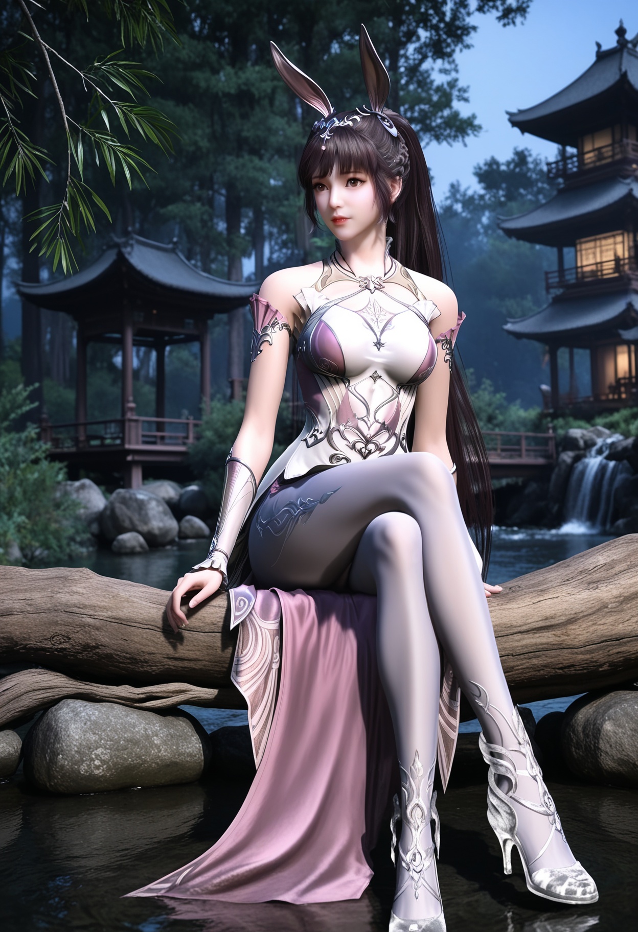 masterpiece,best quality,amazing quality,high resolution,ultra-detailed,absurdres,(looking at viewer:1.1),full body,(moody lighting:1.1),night,forest,east_asian_architecture,stream BREAK large breasts,xiaowu,1girl,solo,brown hair,long hair,brown eyes,dress,rabbit ears,ponytail,hair ornament,pink dress,metal collar,necklace,realistic,bare shoulders,jewelry,collar,pantyhose,high heels,sitting,(crossed legs:1.3) BREAK photorealistic details,<lora:QQSillxiaowuV1:0.8>,