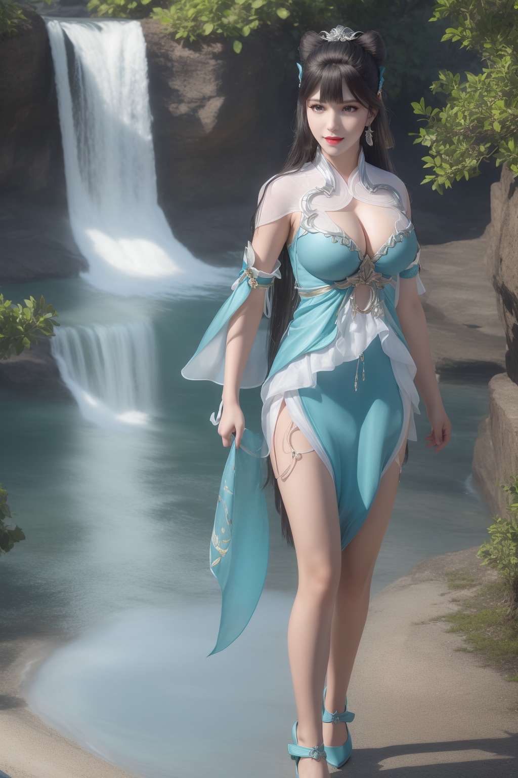 ultra realistic 8k cg,flawless,clean,masterpiece,professional artwork,famous artwork,perfect face,beautiful face,best quality,full_shot,absurdres,shenfengYuZiMo,1girl,solo,dress,chinese clothes,short sleeves,double bun,short sleeves,standing,detached sleeves,bangs,bare shoulders,cleavage cutout,clothing cutout,torogao,smile,makeup,red lips,breasts,large breasts,jewelry,earrings,hair ornament,(outdoors:1.4),water,waterfall,flower,hair ribbon,hair rings,ribbon,long hair,realistic,looking at viewer,shoes,aqua footwear,<lora:shenfengYuZiMo_20240107105931-000002:0.7>,