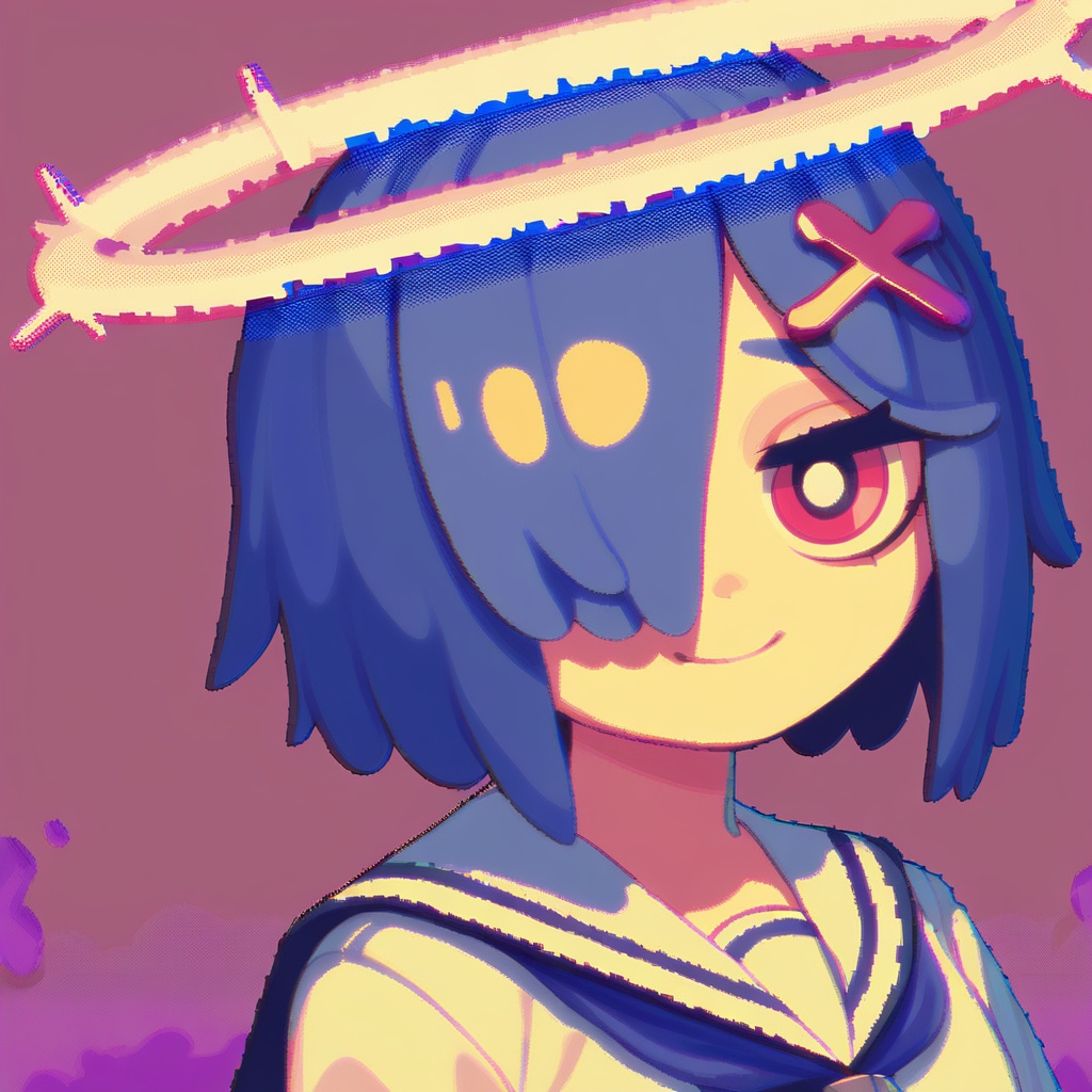 score_9, score_8_up, score_7_up, score_6_up, score_5_up,score_4_up,Pixel art,{glitch art},1girl,solo,:3,{{mesugaki}},[naughty face],medium hair,halo,[x hair ornament],[[hollow eyes]],dark blue eyes,dark blue hair,{hair over one eye},[perfect oval iris],long sleeves,long sailor collar,mosaic,[The background features a Weird Core style], <lora:lvziXL-000010:0.6>