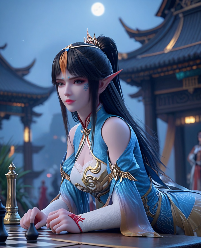 (oriental architecture, elegant decor, sophisticated style:1.1),(playing chess:1.1),looking at viewer,(breasts:1.2),<lora:XL斗破苍穹凤清儿:0.95>,1girl,black hair,long hair,ponytail,tassel,hair ornament,pointy ears,black eyes,dress,clothing cutout,cleavage cutout,breasts,thighhighs,facial mark,, score_9,score_8_up,score_7_up,score_6_up,score_5_up,score_4_up,3d rendering,tag1,tag2, Cinematic Lighting,backlighting,, zPDXL3, zPDXL2,zPDXL, zPDXLxxx, zPDXLrl,