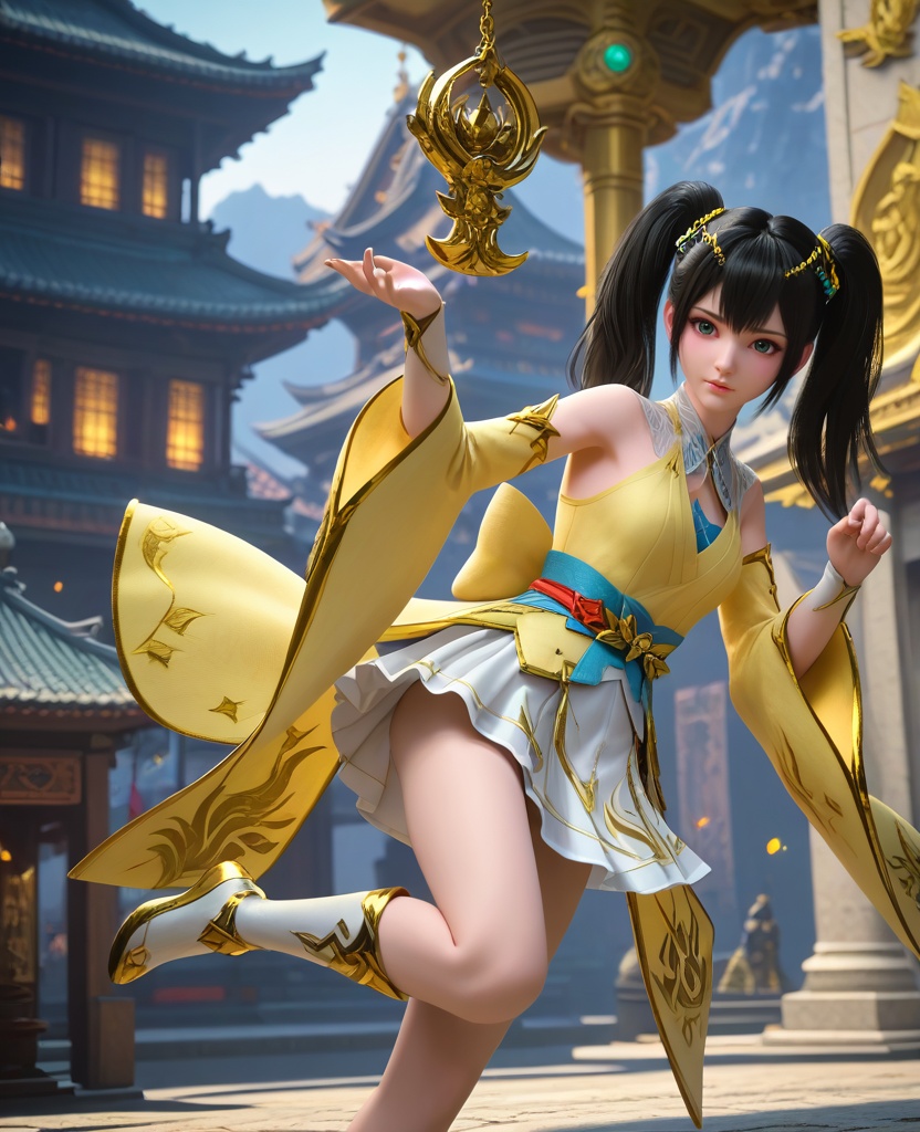 (oriental architecture, elegant decor, sophisticated style:1.1),Web-Slinging Pose, One hand forward as if shooting webs, one leg raised, ready to swing through the city,,(breasts:1.2),<lora:XL16大主宰叶笋儿:0.95>,preteen girl,yellow camisole,green eyes,black hair,twintails,hair ornament,wide flowing sleeves,white pleated skirt,white boots,, zPDXL2, score_9, score_8_up, score_7_up BREAK realistic, masterpiece,best quality, highly detailed,, zPDXL3, zPDXL2,zPDXL, zPDXLxxx, zPDXLrl,