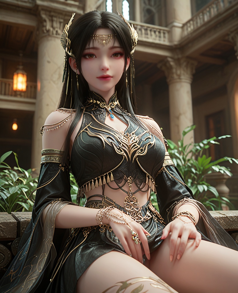 (oriental architecture, elegant decor, sophisticated style:1.1),resting head on hands,(breasts:1.2),<lora:XL完美世界灰烬:0.85>,miss huijin,solo,black silk corset,detached chiffon sleeves,black chiffon overskirt,brown eyes,black hair,long hair,circlet,head chain,jewelry,leg tattoo,lips,, zPDXL2, score_9, score_8_up, score_7_up BREAK realistic, masterpiece,best quality, highly detailed,, zPDXL3, zPDXL2,zPDXL, zPDXLxxx, zPDXLrl,