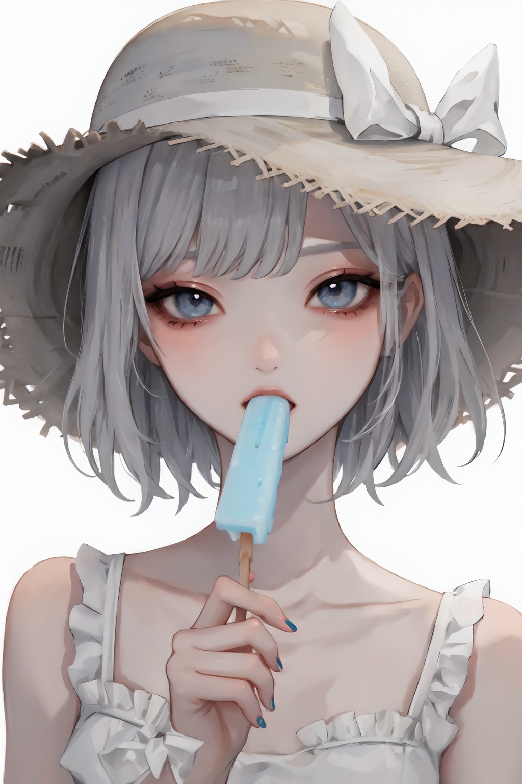 1girl, solo, hat, food, blue eyes, popsicle, looking at viewer, collarbone, short hair, white background, straw hat, holding, frills, white bow, nail polish, bow, grey hair, holding food, simple background, portrait, ribbon, bangs, eyelashes, bare shoulders, white ribbon, hat bow, sleeveless, white hair, hat ribbon, ct-style, beautiful eyes