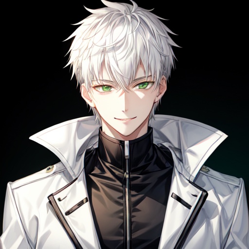 full_shot,simple background,male,*****,smile,white_skin,tall,white hair,mole_under_eye,green eyes,white coat,black shirt,huge filesize,<lora:add_detail:1>,slender face,short hair,:d,