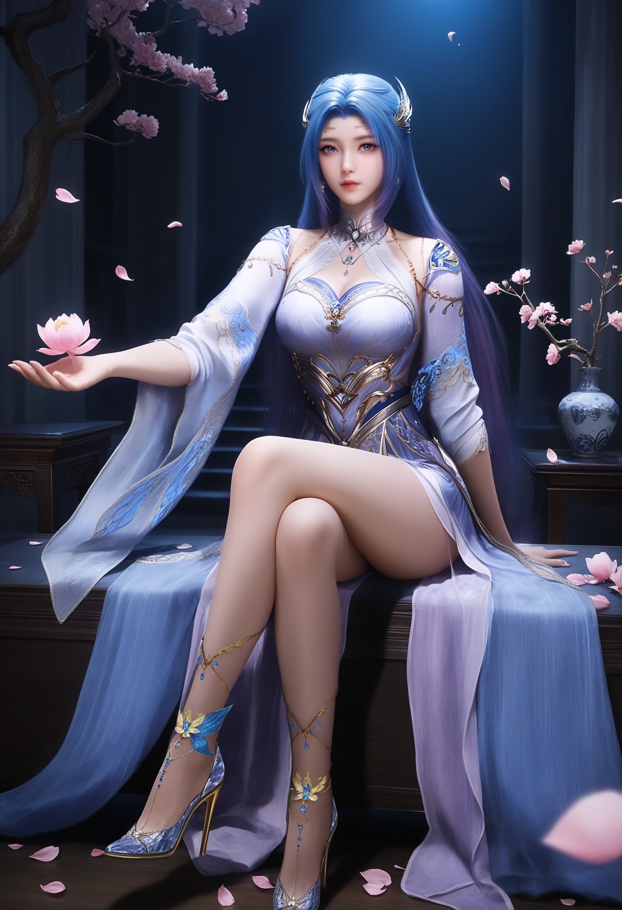 masterpiece,best quality,amazing quality,very aesthetic,high resolution,ultra-detailed,absurdres,scenery,photorealistic,(looking at viewer:1.1),(Dark room:1.3),(moody lighting:1.1),peach blossom,falling petals,(large breasts:0.8),tangwutong,1girl,solo,long hair,hair ornament,blue eyes,jewelry,dress,earrings,detached sleeves,high heels,necklace,anklet,sitting BREAK photorealistic details,<lora:QQSilltangwutongV1:0.8>,
