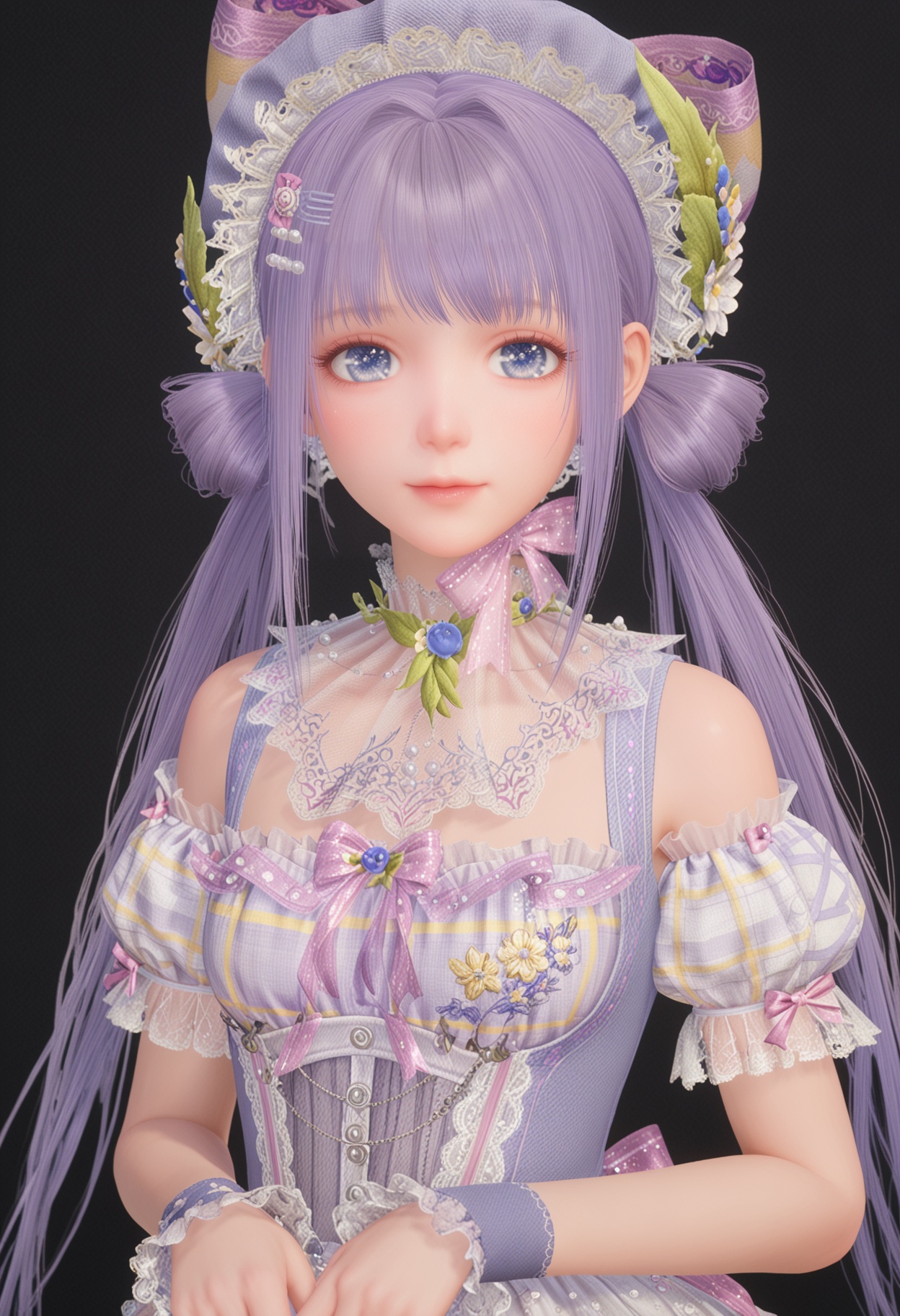 (perfect_anatomy:1.1),upper_body,(looking_at_viewer:1.2),<lora:YQponynuannuan7V5:0.8>,1girl,q1528437228,solo,purple hair,long hair,dress,bow,hair ornament,hat,socks,twintails,blue eyes,flower,hair bow,high heels,wrist cuffs,frills,frilled dress,lace,fair_skin,white_skin,shiny_skin,Ivory_skin,perfect_anatomy BREAK perfect_anatomy,(score_9:1.2),(simple background,pure black background,black background:1.3),fair_skin,white_skin,shiny_skin,Ivory_skin,perfect_anatomy,
