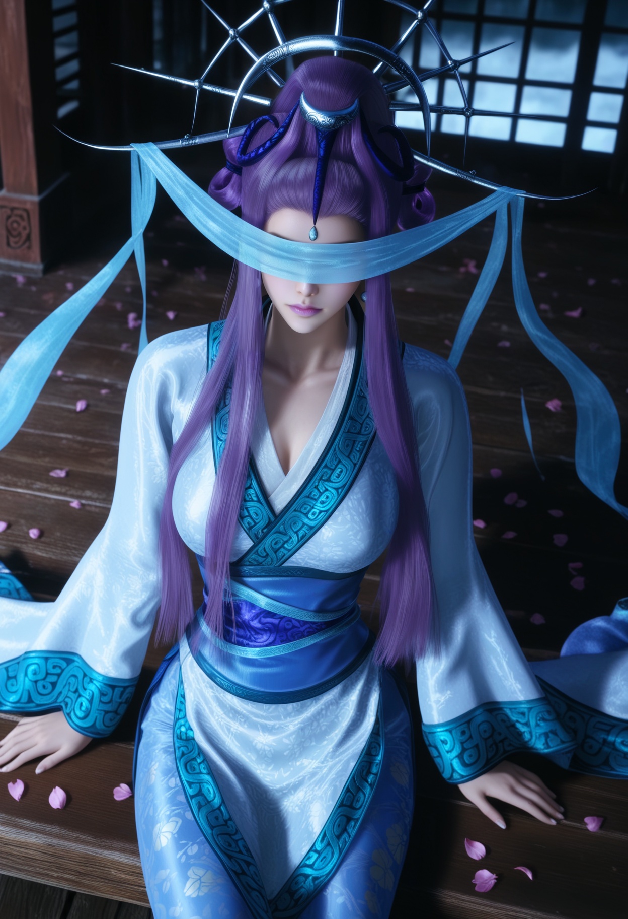 masterpiece,best quality,amazing quality,very aesthetic,high resolution,ultra-detailed,absurdres,scenery,photorealistic,(looking at viewer:1.1),(Dark room:1.3),(moody lighting:1.1),peach blossom,falling petals,(large breasts:1.2),yueshen,1girl,solo,purple hair,long hair,hair ornament,chinese clothes,jewelry,sidelocks,blindfold,earrings,hair bun,hair stick,sash,makeup,purple lips,collarbone,updo,shoes,sitting BREAK photorealistic details,<lora:QQSillyueshenV1:0.8>,