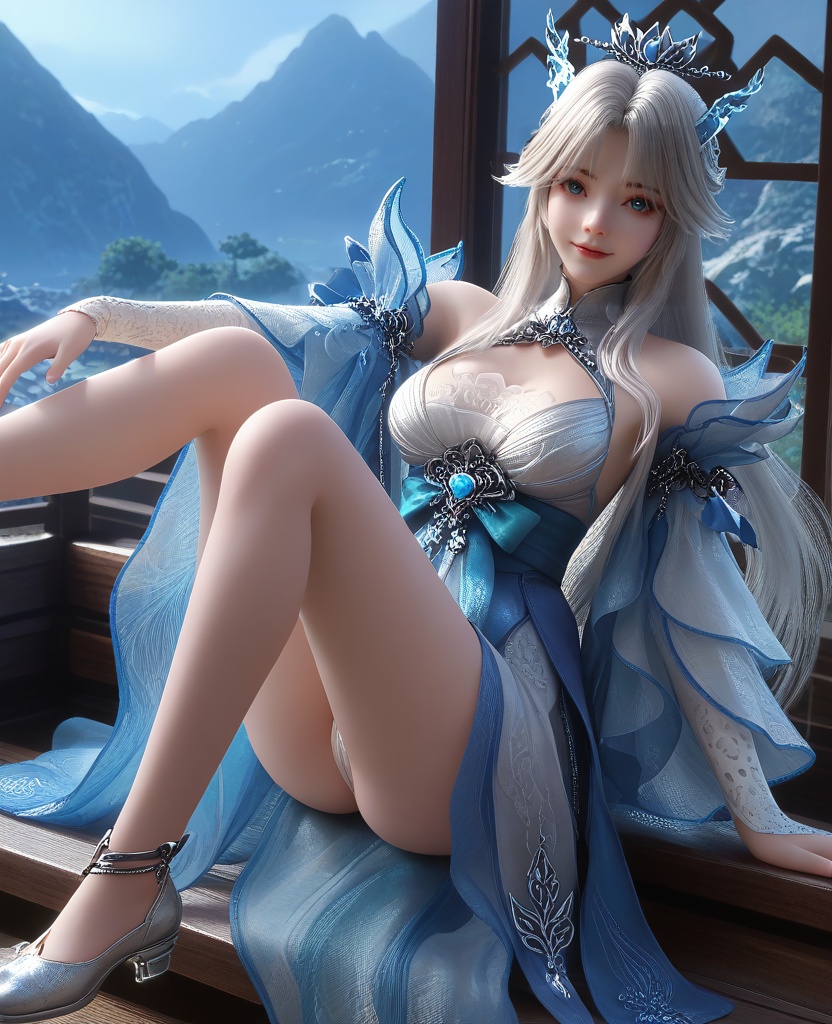 (Sitting on a window ledge, legs folded, looking outside with a smile,:1.1),looking at viewer,(large breasts:1.2),<lora:XL16云深不知梦龙儿:0.95>,miss longer,white dress with blue train,blue eyes,mole under left eye,white hair,long hair,half-up braid with long cascading hair,hair ornament,blue wide flowing sleeves,sash,opera gloves sleeves of white,crystal horns,adolescent girl,, score_9,score_8_up,score_7_up,score_6_up,score_5_up,score_4_up,3d rendering,tag1,tag2, Cinematic Lighting,backlighting,