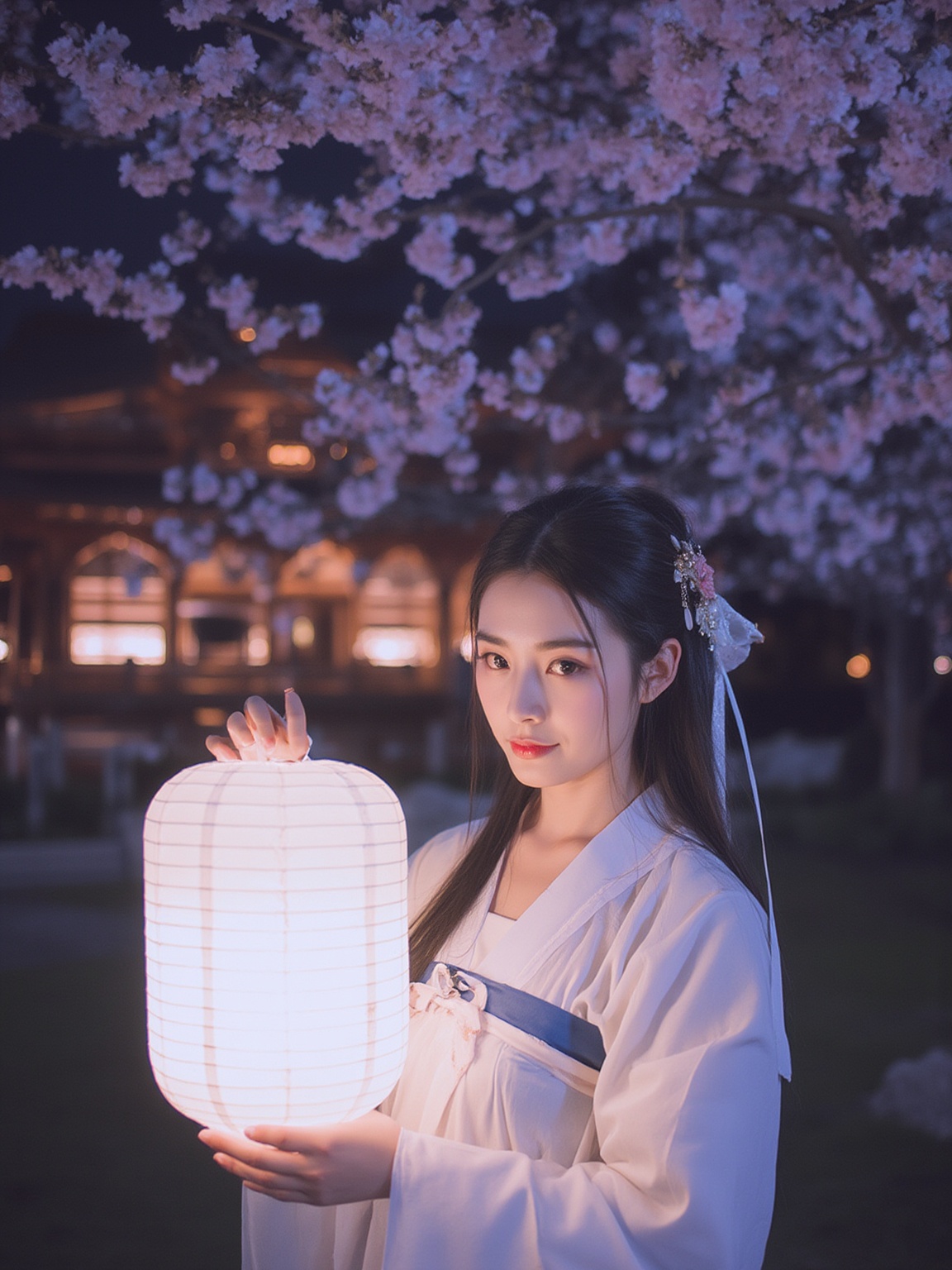 1girl,This is a photograph of a young woman standing in a serene, nighttime setting, with a cherry blossom tree in the background. The scene is bathed in a soft, ethereal glow, with the cherry blossoms creating a canopy of delicate pink and white petals. The woman is of East Asian descent, with long, straight black hair adorned with a floral hairpin and a delicate, pink ribbon. She wears a traditional, white kimono with intricate, embroidered details and a blue obi sash. Her expression is calm and contemplative as she holds a large, glowing paper lantern in her hands, which casts a warm, inviting light on her face. The lantern, with its translucent white surface, adds a soft, magical quality to the scene. The background features a traditional Japanese temple or shrine, with its wooden architecture and warm, golden lights visible through the branches of the cherry tree. The overall atmosphere is peaceful and tranquil, evoking a sense of serenity and cultural beauty.