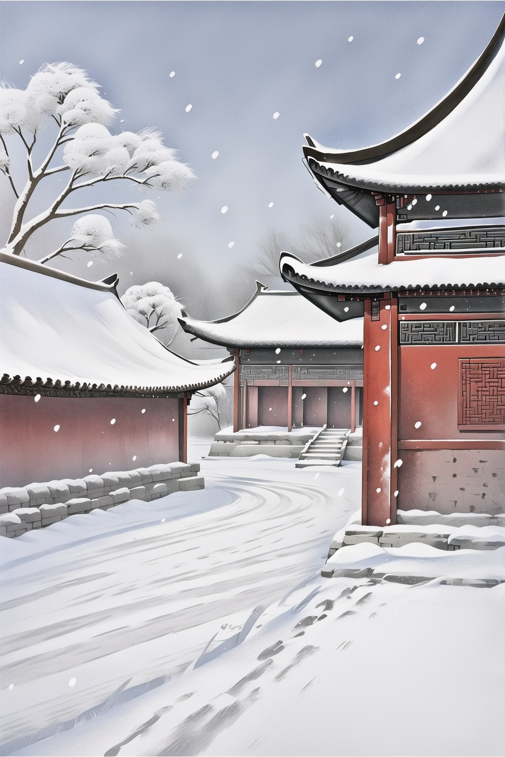 ycbh, snow, tree, outdoors, bare tree, scenery, sky, snowing, east asian architecture, no humans, solo, traditional media, architecture,<lora:ycbh4:0.8>,