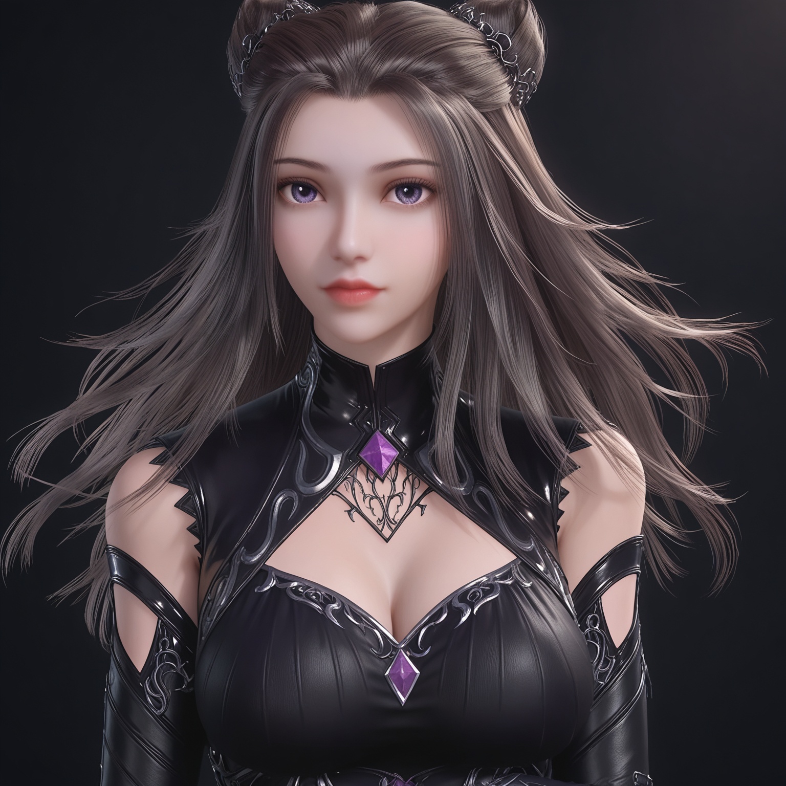 1girl,solo,<lora:ponyzhuzhuqingV2:0.8>,long_hair,hair_bun,black_hair,detached_sleeves,clothing_cutout,cleavage_cutout,purple_eyes,brown_hair,elbow_gloves,jewelry,bodysuit,(black leather pants:1.1),hair_ornament,high_heels,black_footwear,black_dress,BREAK score_9,upper_body,portrait,shiny_skin,looking at viewer,cinematic lighting,volumetric lighting,solo focus,(huge breasts:0.9),(simple background,pure black background,black background:1.1),