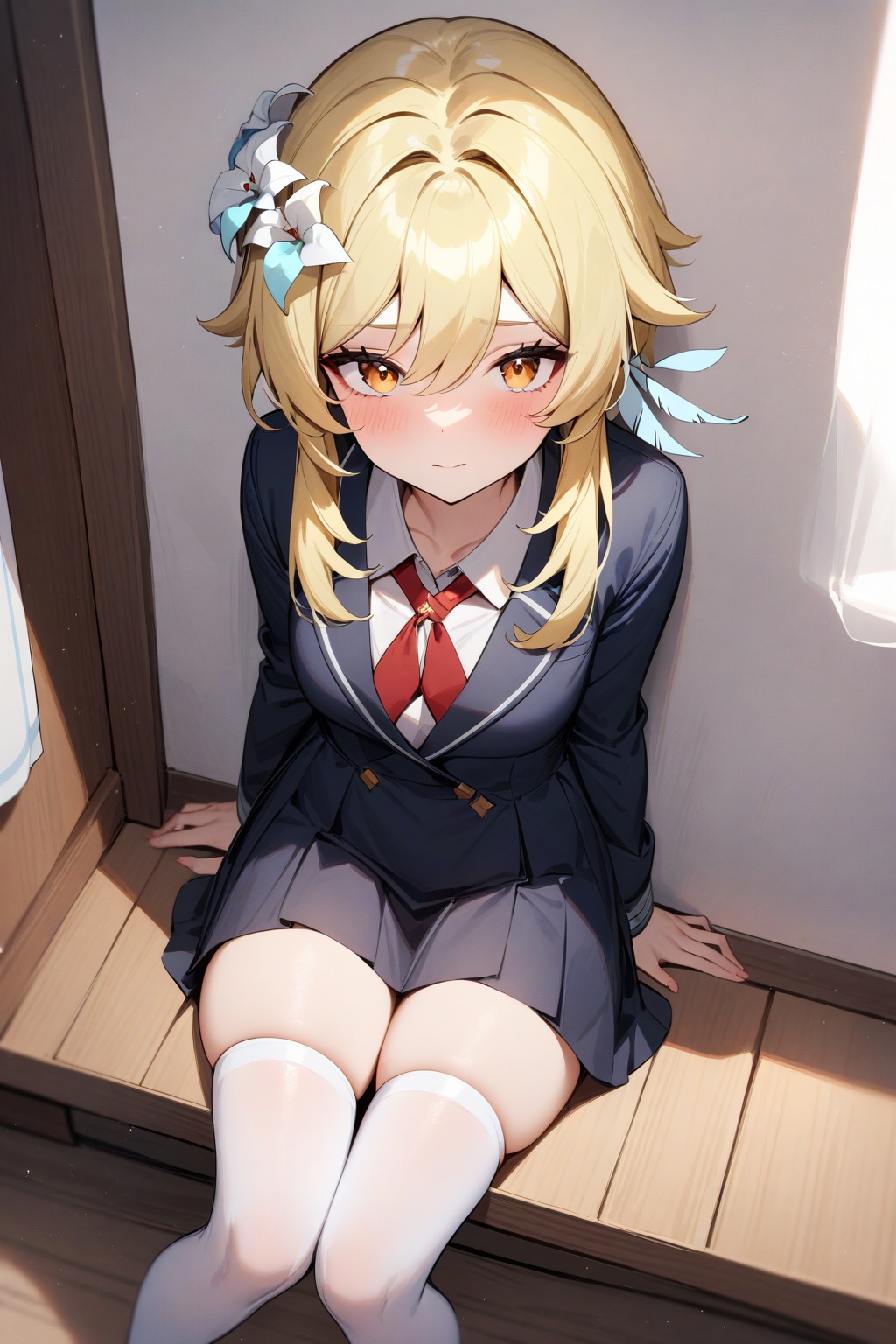 masterpiece,best quality,very aesthetic,absurdres,1girl,lumine \(genshin impact\),solo,blonde hair,sitting,<lora:lumine-000006:0.6>,school uniform,white thighhighs,knees together feet apart,room,sitting on floor,against wall,from above, 