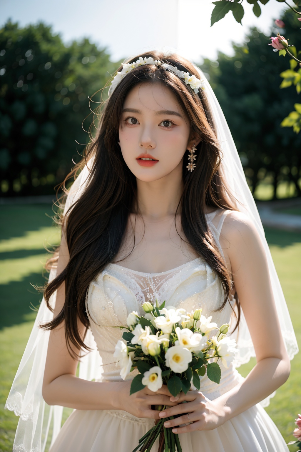 Best Quality,Masterpiece:1.4),(Realism:1.2),(Realisitc:1.2),(Absurdres:1.2),4K,(photorealistic:1.3),Detailed,Ultra-Detailed,1girl,church,lawn,outdoor,wedding,(whole body:1.4),gauze headscarf,((Huge chest)),(Long Wavy Hair),hunsha,veil,Earrings,Jewelry,(SunLight:1.4),Flowers,Hair Ornaments,(Holding flowers:1.4), <lora:YG梦中婚纱1:0.7>, 