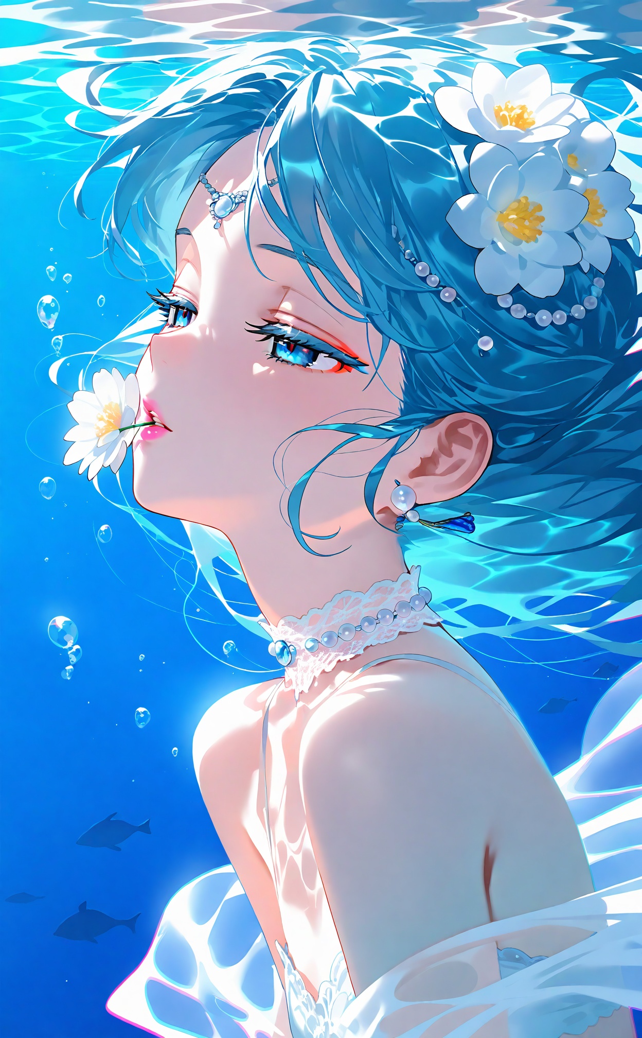 masterpiece,absurdres,best quality,high quality,chromatic_aberration,loli,//,1girl, solo, jewelry, pearl (gemstone), underwater, pearl necklace, blue hair, long hair, hair ornament, earrings, necklace, flower in mouth, bare shoulders, flower, bubble, choker, parted lips, beads, half-closed eyes, floating hair, eyelashes, blue eyes, hair flower, air bubble, upper body, watermark, white choker, lips, flower earrings, bead necklace, submerged, gem, pearl earrings, white flower, see-through, pink lips, caustics, shawl, mouth hold, water, blue theme, from side, artist name, lace-trimmed choker, makeup, dress, pearl hair ornament, off shoulder//,<lora:nyalia917——【NOOB】hans:0.8>,