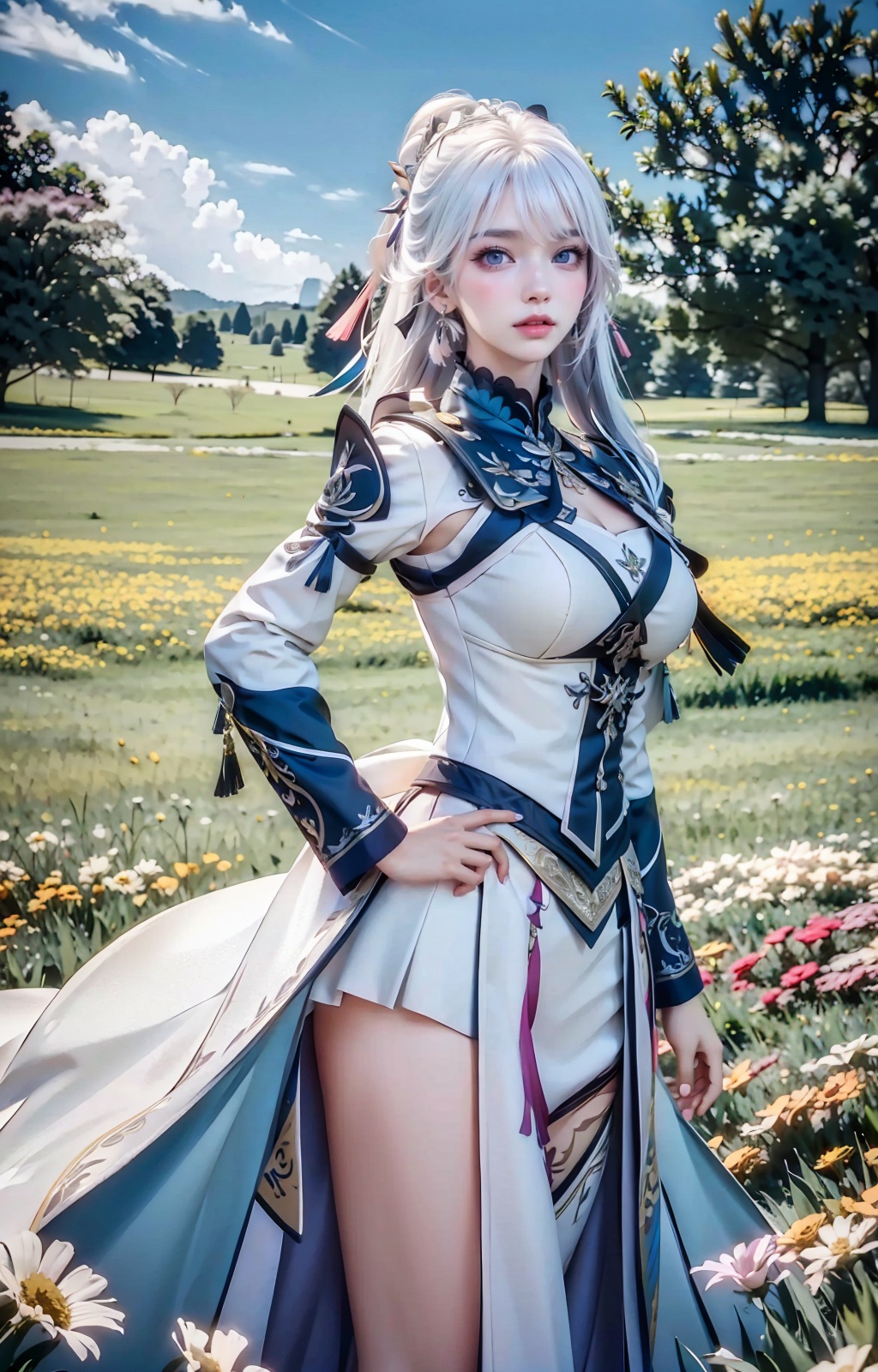 a woman in a costume standing in a field of flowers with her hands on her hips and her hair blowing in the wind,Du Qiong,final fantasy,a character portrait,fantasy art,absurdres,highres,wallpaper,colorful,thick eyebrows,pupils,bright_pupils,makeup,eyeshadow,lipstick,long_eyelashes,mascara,face_focus,eyes_focus,front view,looking_at_viewer,<lora:王者荣耀-杨玉环:0.9>,white hair,