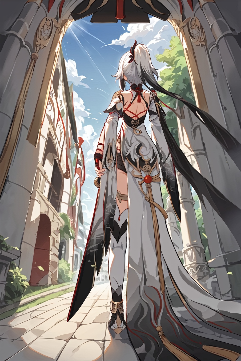 score_9, score_8_up, score_7_up, solo, 1girl, Fu Hua(CoT), Fu Hua(CoT), hair accessory, hair between eyes, ponytail, taoist robe, asymmetrical thighhighs, semi-transparent black shawl, (scattered clothing hem:1.2),from behind, street, sunlight, from below, castle, holding sword,  <lora:CoT_v1.3_PONY:0.95>,    