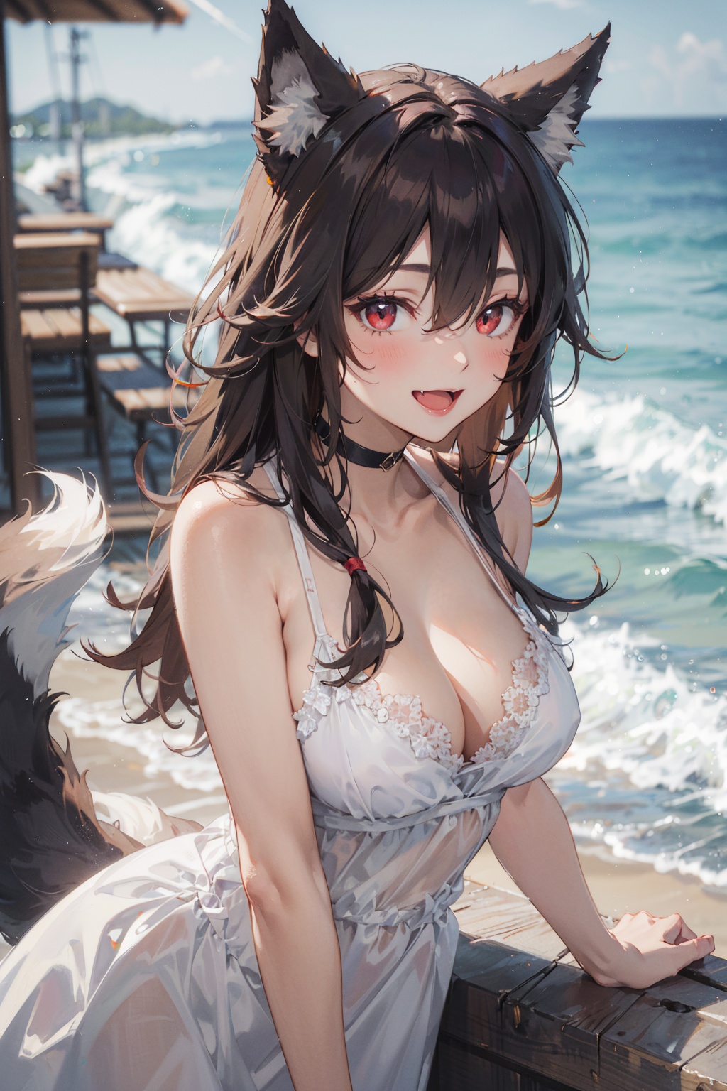 masterpiece,best quality,1girl,solo,looking at viewer,brown hair,hair between eyes,bangs,very long hair,red eyes,wolf ears,wolf tail,blush,open mouth,smile,:d,fang,large breasts,bare shoulders,(white sundress),upper body,leaning forward,outdoors,sun,sea,beach,day,blurry background