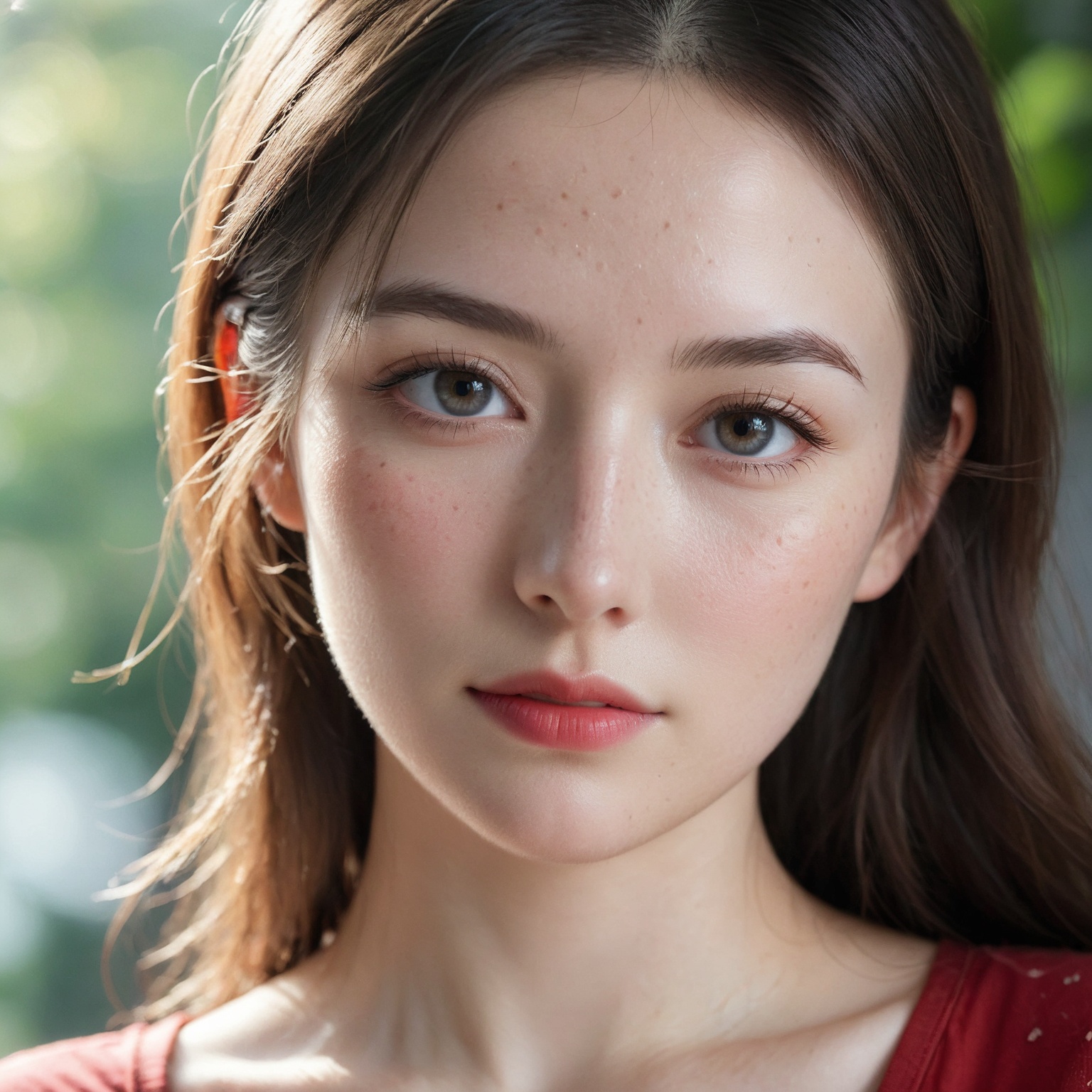 RAW photo,portrait of a beautiful woman wearing a red shirt (high detailed skin:1.2),8k uhd,dslr,soft lighting,high quality,film grain,Fujifilm XT3,upper body,cute face,eye level,focus on eyes,dappled light on face,pale skin,no make-up,detailed face and eyes,natural skin texture,highly detailed skin,textured skin,skin pores,skin blemish,imperfect skin,intricate skin details,visible skin detail,detailed skin texture,subsurface scattering,blush,few freckles,few moles,goosebumps,minor skin imperfections,skin pores,[[[wrinkles]]],vitiligo spots,whiteheads,blackhead,white pimples,red pimples,beauty spot,remarkable detailed pupils,detailed iris,very thin eyebrows,