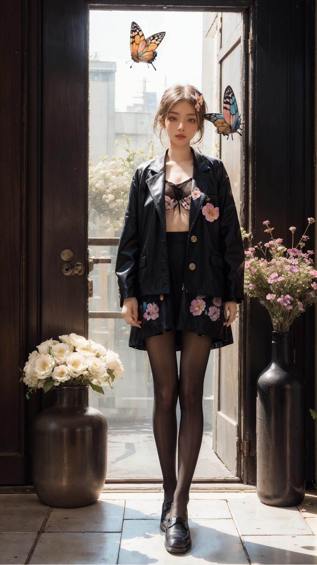tutututu,black pantyhose,loafers,leather shoes,(masterpiece:1.1),(highest quality:1.1),(HDR:1),ambient light,ultra-high quality,( ultra detailed original illustration),(1girl, full body),((harajuku fashion)),((flowers with human eyes, flower eyes)),double exposure,fusion of fluid abstract art,glitch,(original illustration composition),(fusion of limited color, maximalism artstyle, geometric artstyle, butterflies, junk art),<lora:merged_0024:0.75>,