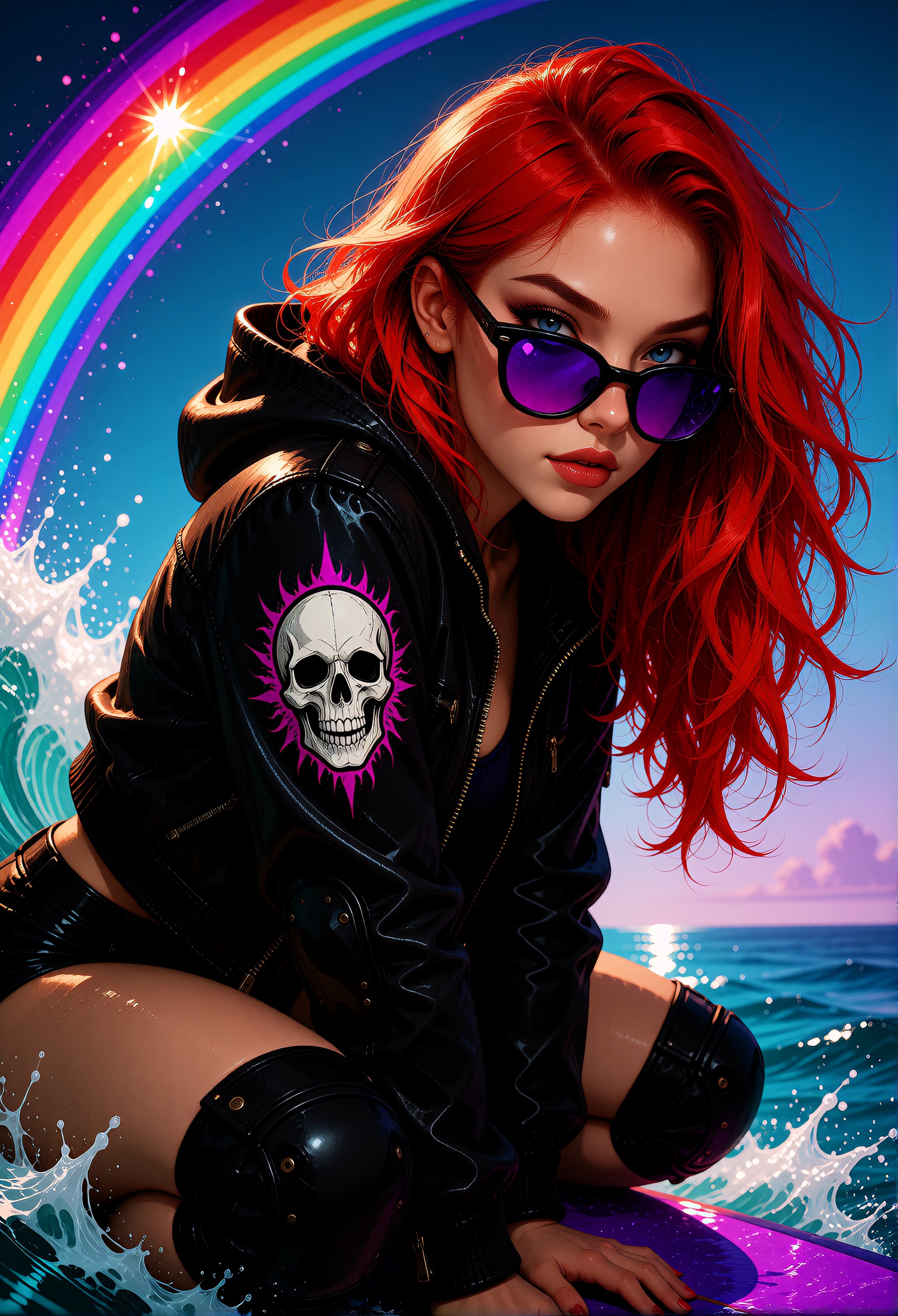 A vibrant and dynamic digital illustration of a ***** woman with vibrant red hair,  wearing a black leather jacket with a...