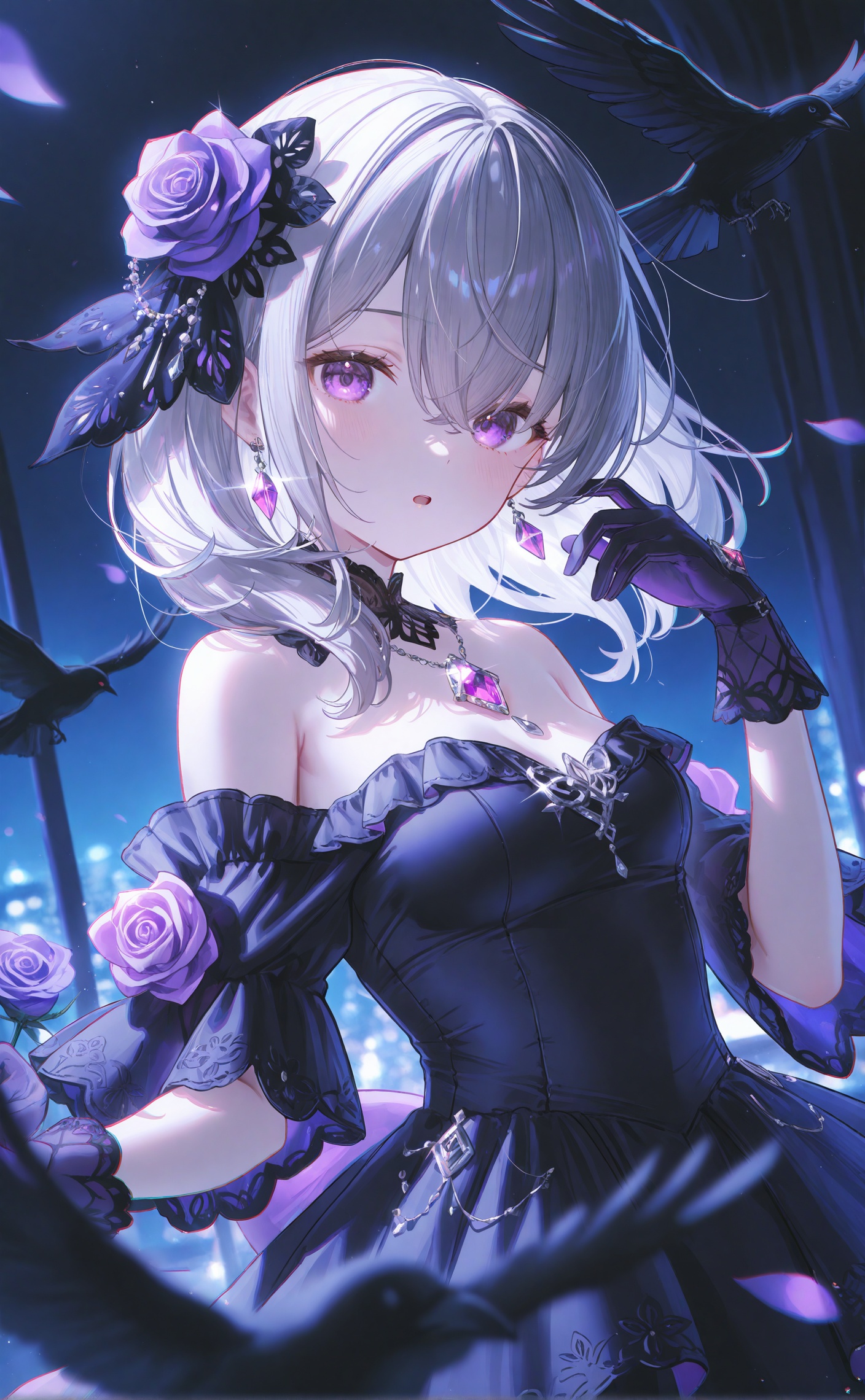 masterpiece,very aware,highres,absurdres,newest,best quality,loli,petite,high quality,chromatic_aberration,cinematic_angle,dutch angle,night,//,umehara,konya karasue,//,1girl,gloves,bird,hair ornament,hair flower,breasts,crow,jewelry,flower,earrings,purple eyes,solo,gem,upper body,looking at viewer,grey hair,rose,dress,bare shoulders,frills,necklace,purple gemstone,black flower,purple flower,black gloves,open mouth,glint,purple gloves,purple rose,hand up,black dress,medium hair,off shoulder,large breasts,