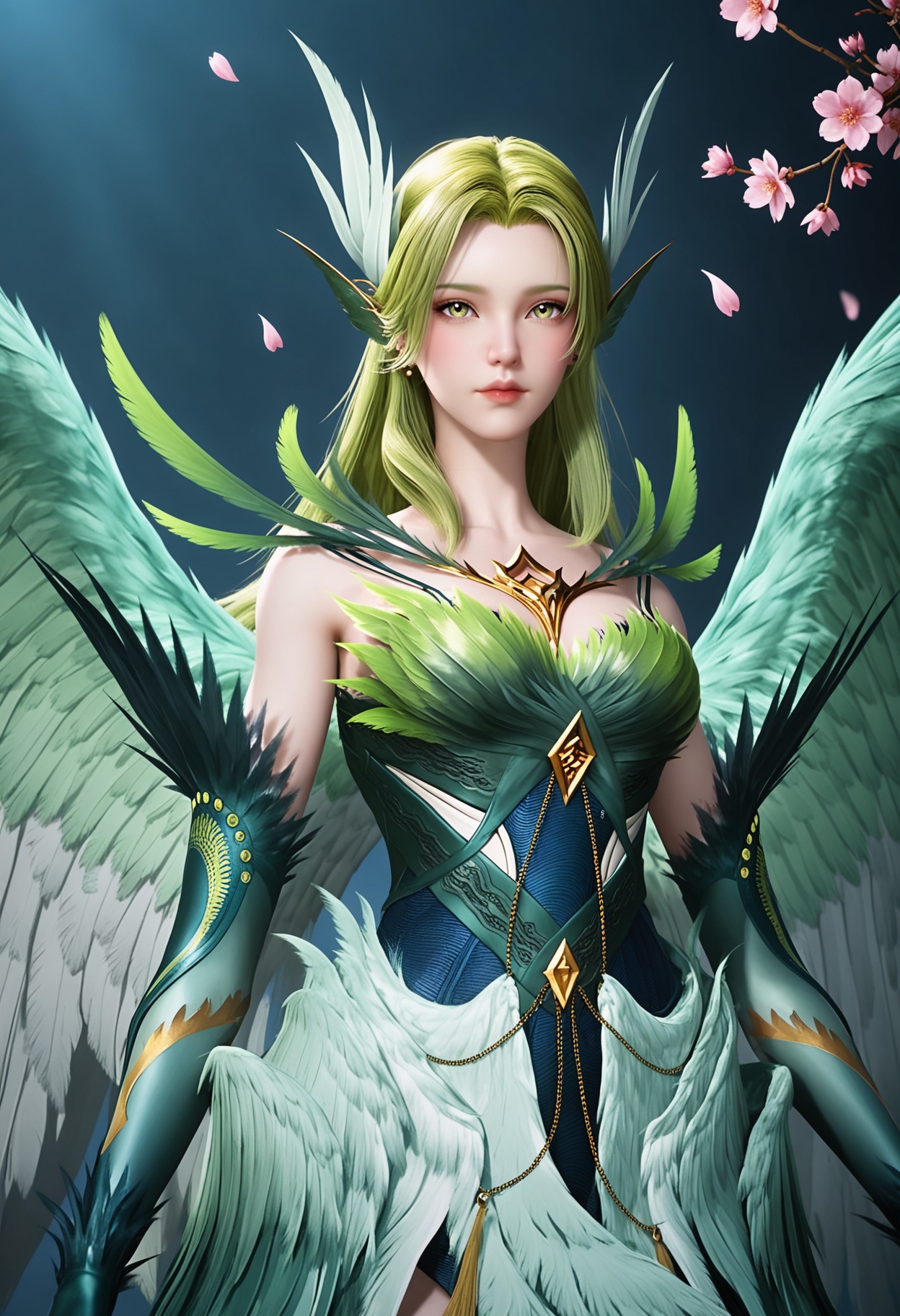 (upper_body:1.2),(looking at viewer:1.1),masterpiece,(best quality),smog,Dark room,dim lighting,peach blossom,falling petals,<lora:YQ_Illustrious光辉v5_碧姬_V1:0.8>,q1528437228,solo,1girl,long hair,green hair,feathers,green eyes,blonde hair,hair ornament,pointy ears,wings,gloves,dress,green wings,elbow gloves,jewelry,feathered wings,green dress,thighhighs,armor,yellow eyes,earrings,green feathers,multiple wings,