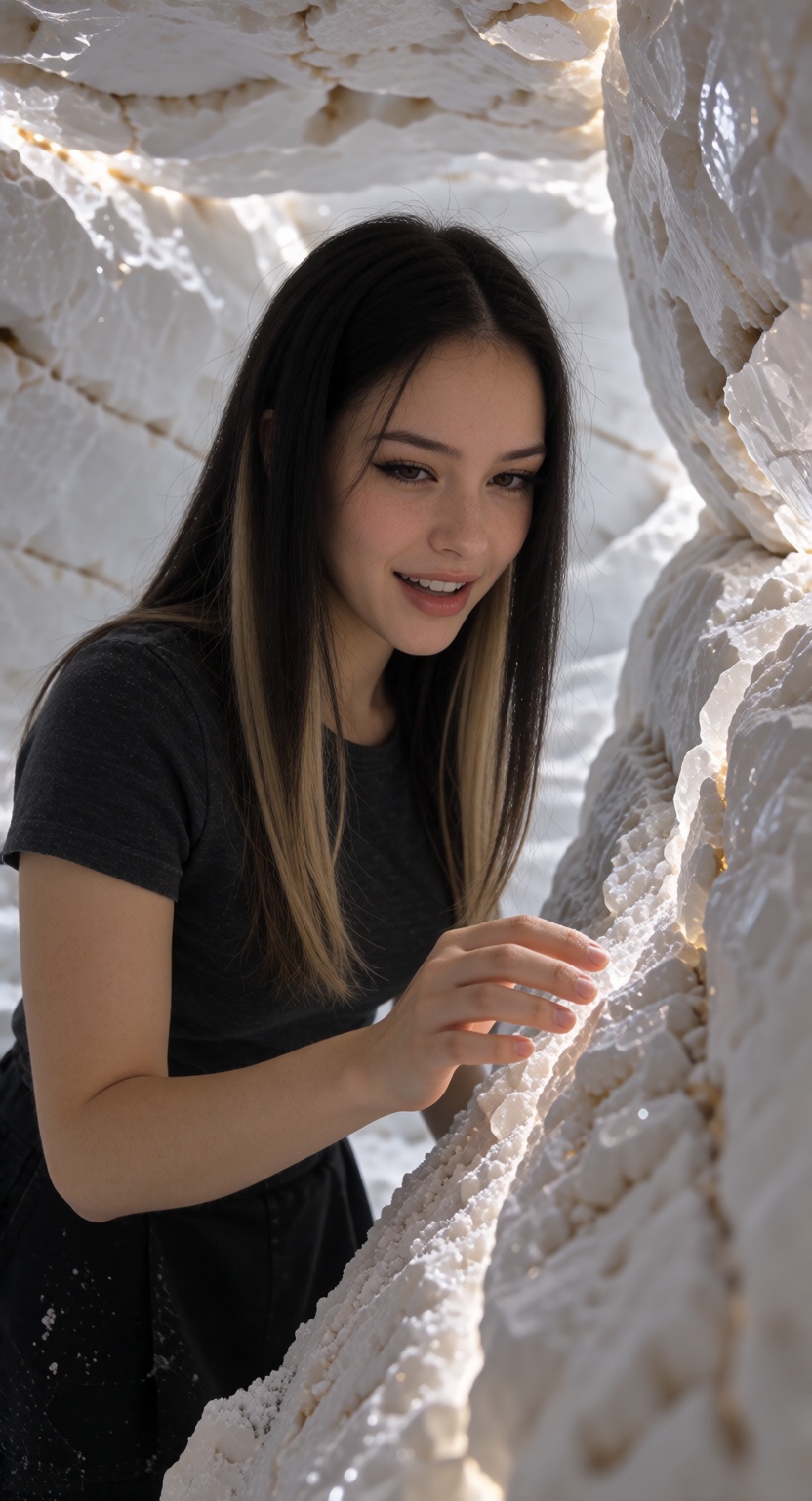 ChirlyX,  long,  straight dark hair with broad blonde underlayers and face-framing sections A photorealistic cinematic pho...
