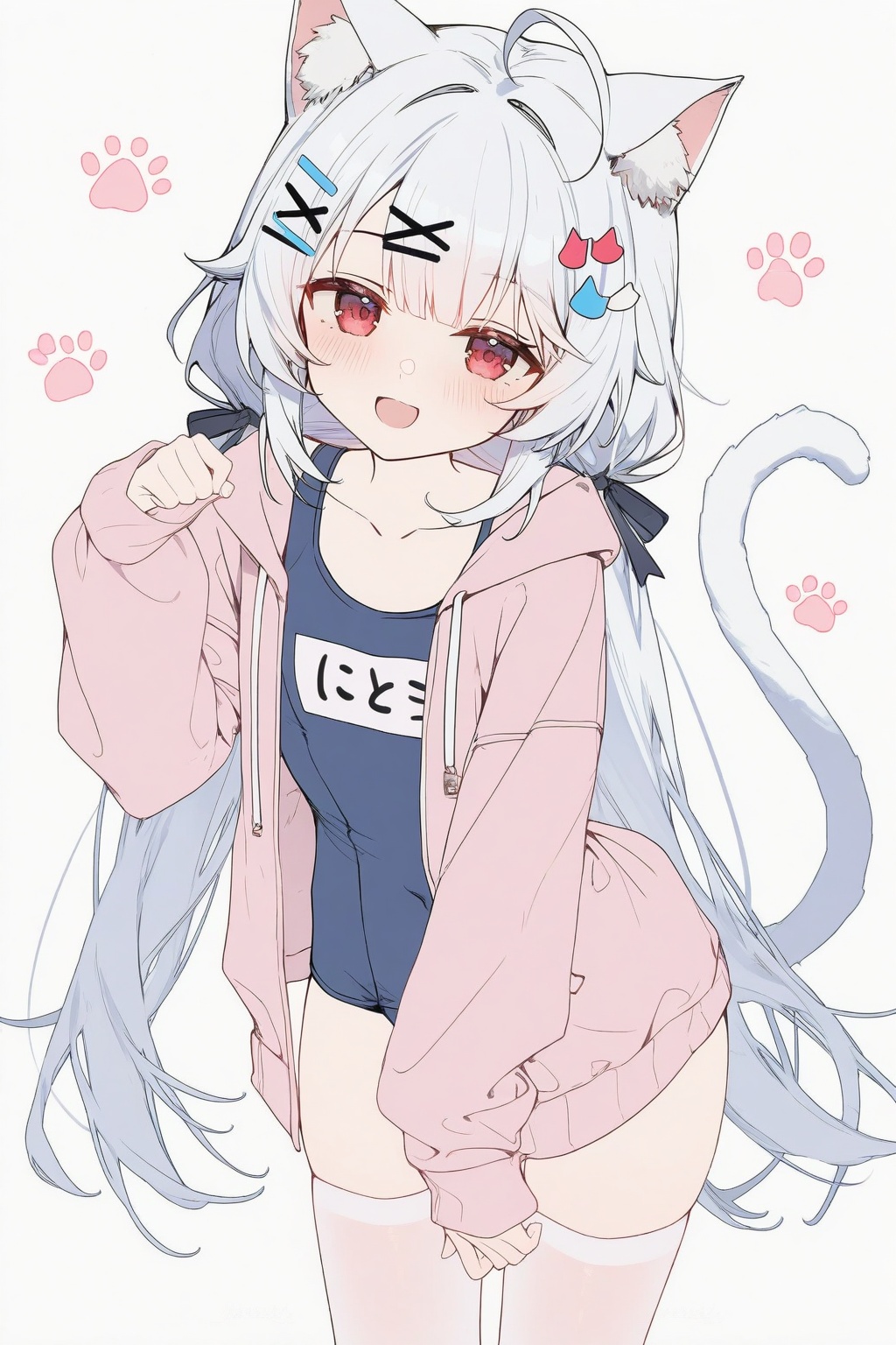 <lora:nai4.5zhengliu-ckxl0.2_v2:0.9>,high resolution,aesthetic,excellent,medium resolution,newest,year 2025,1girl,solo,cat girl,animal ears,cat ears,white hair,long hair,twintails,low twintails,ahoge,red eyes,blush,open mouth,smile,hair ornament,hairclip,x hair ornament,blue hairclip,hoodie,pink hoodie,open hoodie,long sleeves,sleeves past wrists,swimsuit,school swimsuit,thighhighs,white thighhighs,zettai ryouiki,tail,cat tail,white tail,standing,leaning forward,head tilt,looking at viewer,hand up,paw pose,cat pose,simple background,white background,cowboy shot,text,vertical text,