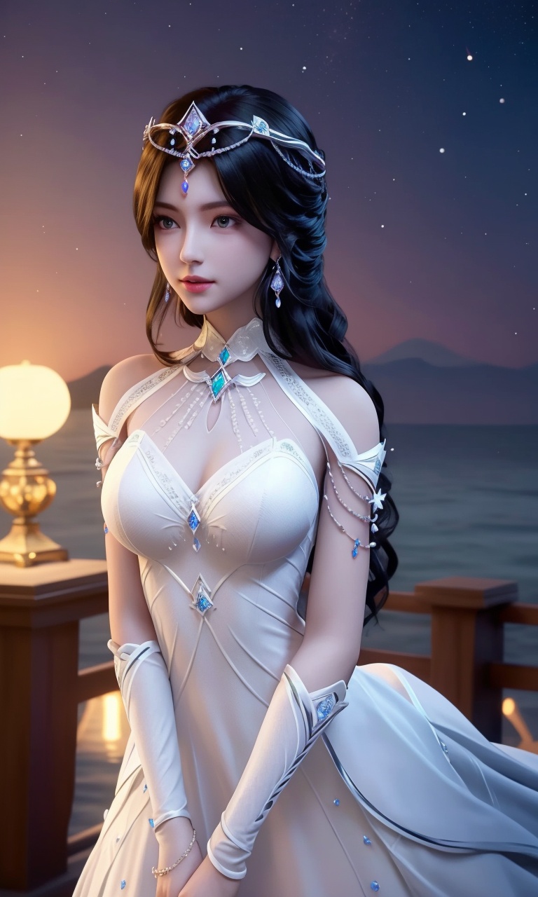 ,1girl, pov,,moon, full moon, moonlight,night,(,star_\(sky\), starry_sky, night, moon, night_sky, sky, shooting_star, full_moon, letterboxed, 1girl, solo, space, earth_\(planet\), planet, cloud, blue_sky, aurora, dress)<lora:DA_BaiYe:0.6>ultra realistic 8k cg, picture-perfect face, flawless, clean, masterpiece, professional artwork, famous artwork, cinematic lighting, cinematic bloom, perfect face, beautiful face, fantasy, dreamlike, unreal, science fiction, huge breasts, beautiful clothes, lace, lace trim, lace-trimmed legwear, (rich:1.4), prestige, luxury, jewelry, diamond, gold, pearl, gem, sapphire, ruby, emerald, intricate detail, delicate pattern, charming, alluring, seductive, erotic, enchanting, hair ornament, necklace, earrings, bracelet, armlet,halo     