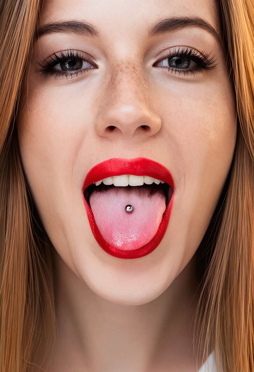 This close-up portrait captures a person with freckled skin,  light brown hair,  and bright red lipstick on Tensor.Art