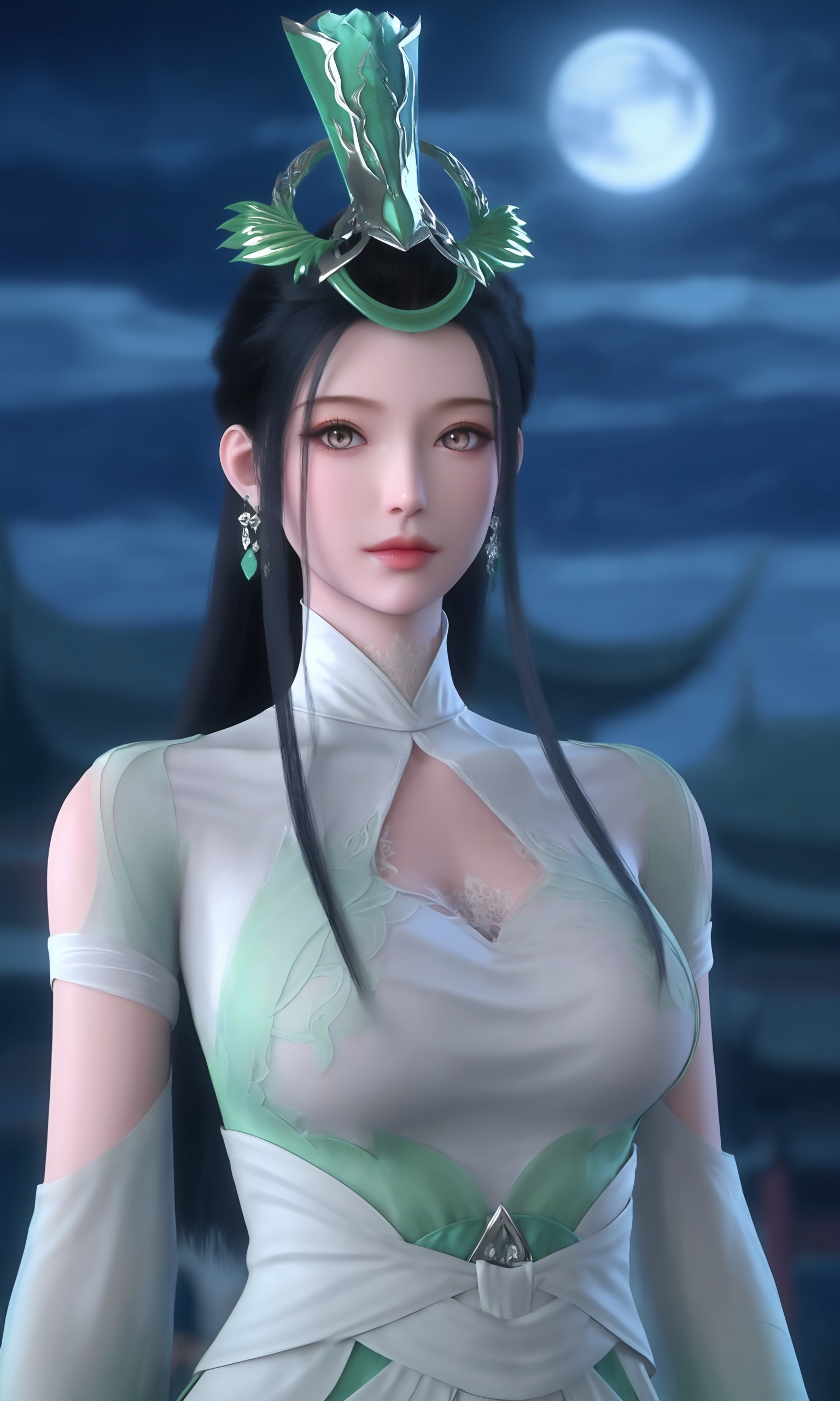 solo,shiny,shiny_hair,upper_body,fair_skin,white_skin,shiny_skin,shiny,Ivory_skin,looking at viewer,cinematic lighting,volumetric lighting,solo focus,blurry background,depth of field,night,sky,night sky,full moon,moonlight,<lora:陆嫁嫁Pony:0.7>,1girl,long,straight black hair,green headdress,pale green traditional Chinese dress,high collar,intricate embroidery,cut-out chest,high slit,long sleeves,