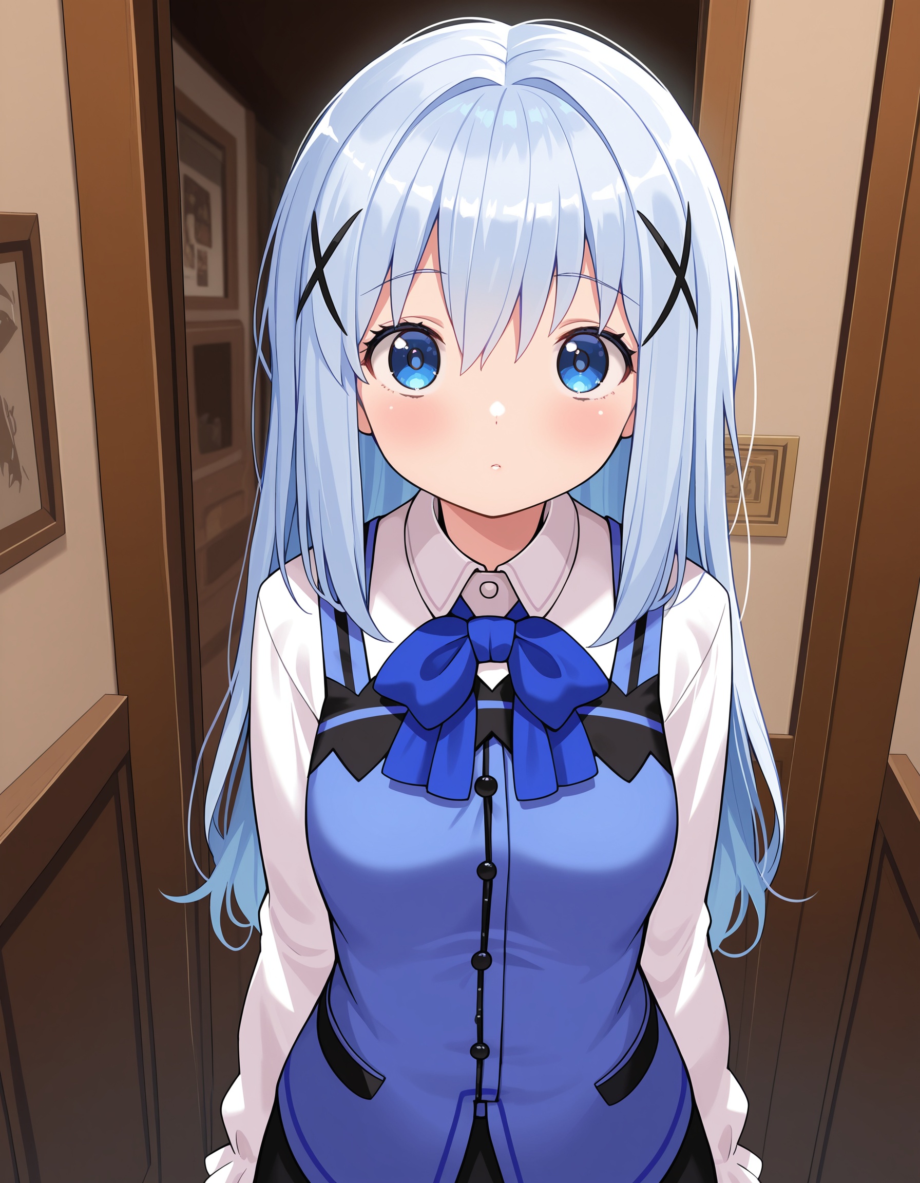 masterpiece,best quality,amazing quality,,xiangfengzhinai,1girl,solo,looking at viewer,long hair,blue hair,rabbit house uniform,black skirt,standing,upper body,<lora:kafuu_chino50xllokr:1>