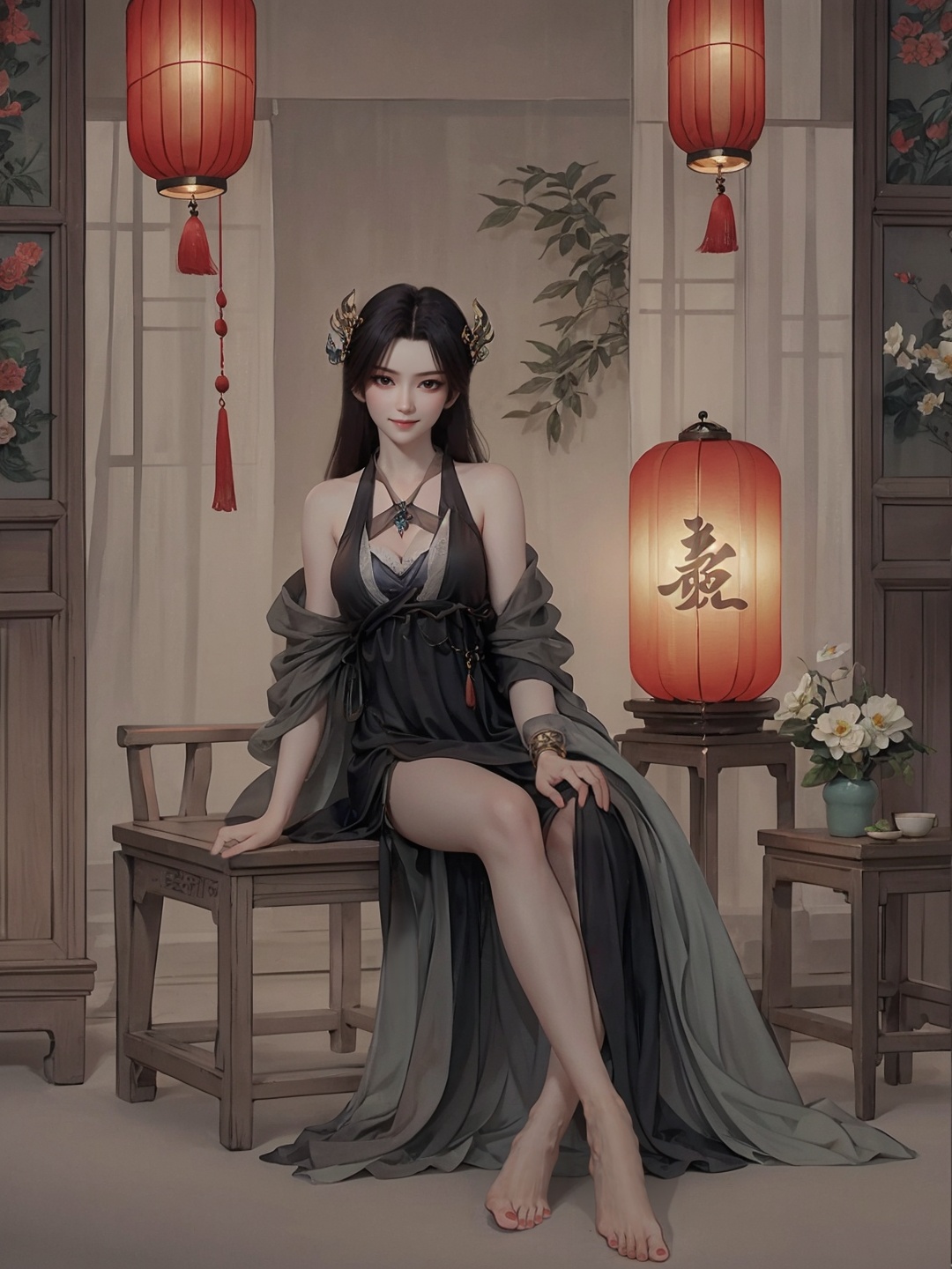 caoying,1girl,solo,light smile,closed mouth,hair ornament,jewelry,(huge breasts),barefoot,feet,toes,red toenails,(dress:1.3),sitting,(looking at viewer),indoors,(east asian architecture,lantern),depth of field,Highly detailed,(best quality:1.5,masterpiece:1.5),<lora:caoying-000010:0.9>,<lora:服装增减:-0.5>,