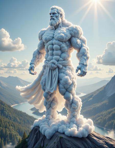 A towering,  majestic man made entirely of swirling clouds,  his muscular form defined by the soft on Tensor.Art