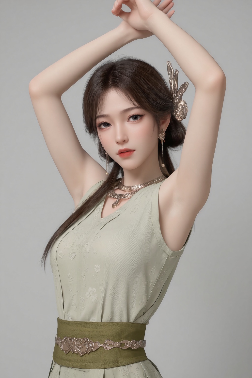 mn,mn,This is a highly detailed CGI rendering of a young Asian woman with fair skin and long,dark brown hair adorned with a silver hairpin. She wears an elegant,pale green kimono with intricate patterns,and a gold necklace with a pendant.,She stands with her back to the camera,arms raised above her head and hands crossed. Her posture is elegant and poised,with her body slightly turned to the side.,