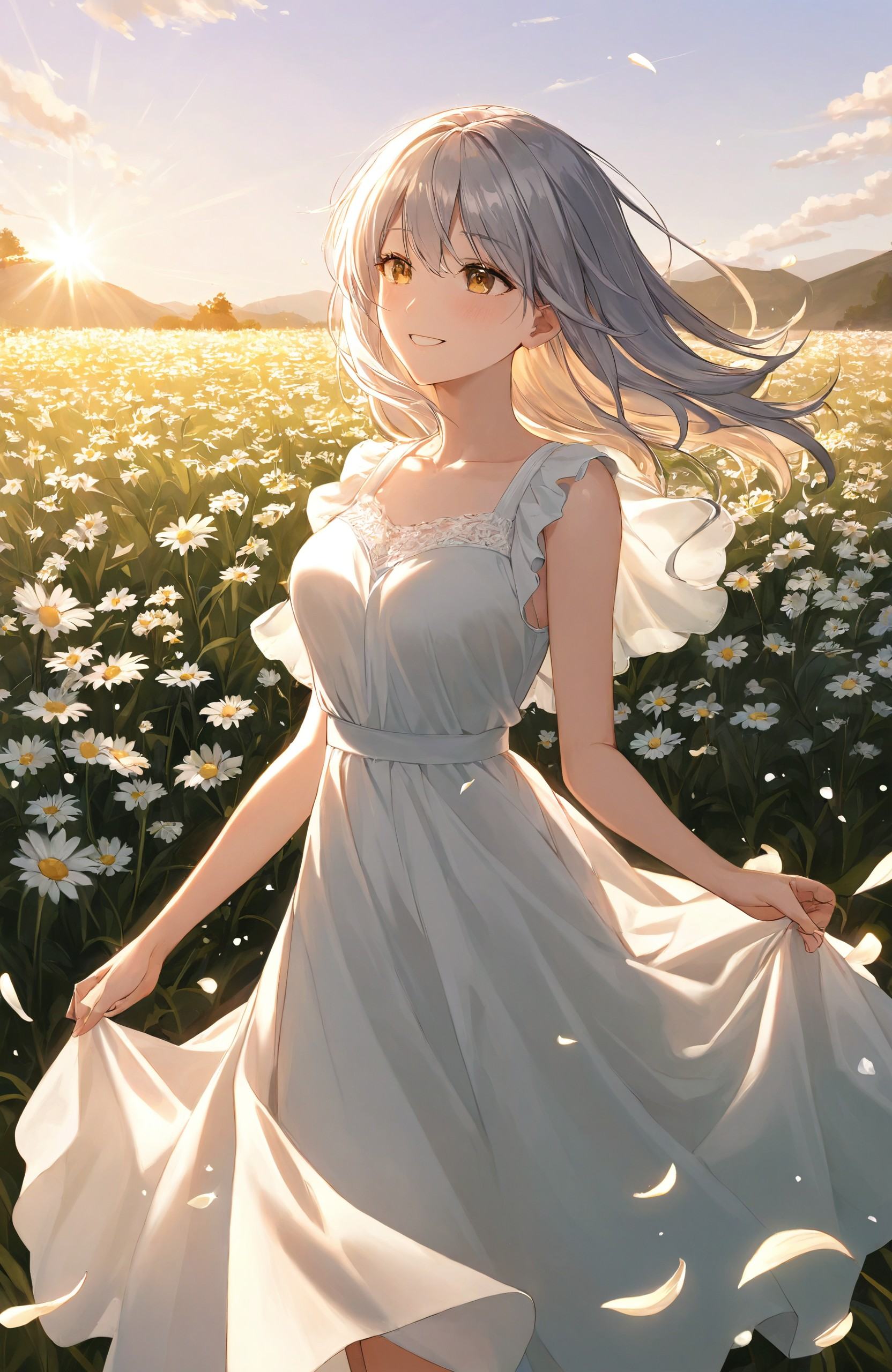 A girl with silver hair stands in a field of daisies, her dress gently flowing in the breeze. The scene is bathed in the golden light of the afternoon sun, with petals swirling around her as she smiles, lost in her thoughts. The mood is light, joyful, and full of innocent wonder.