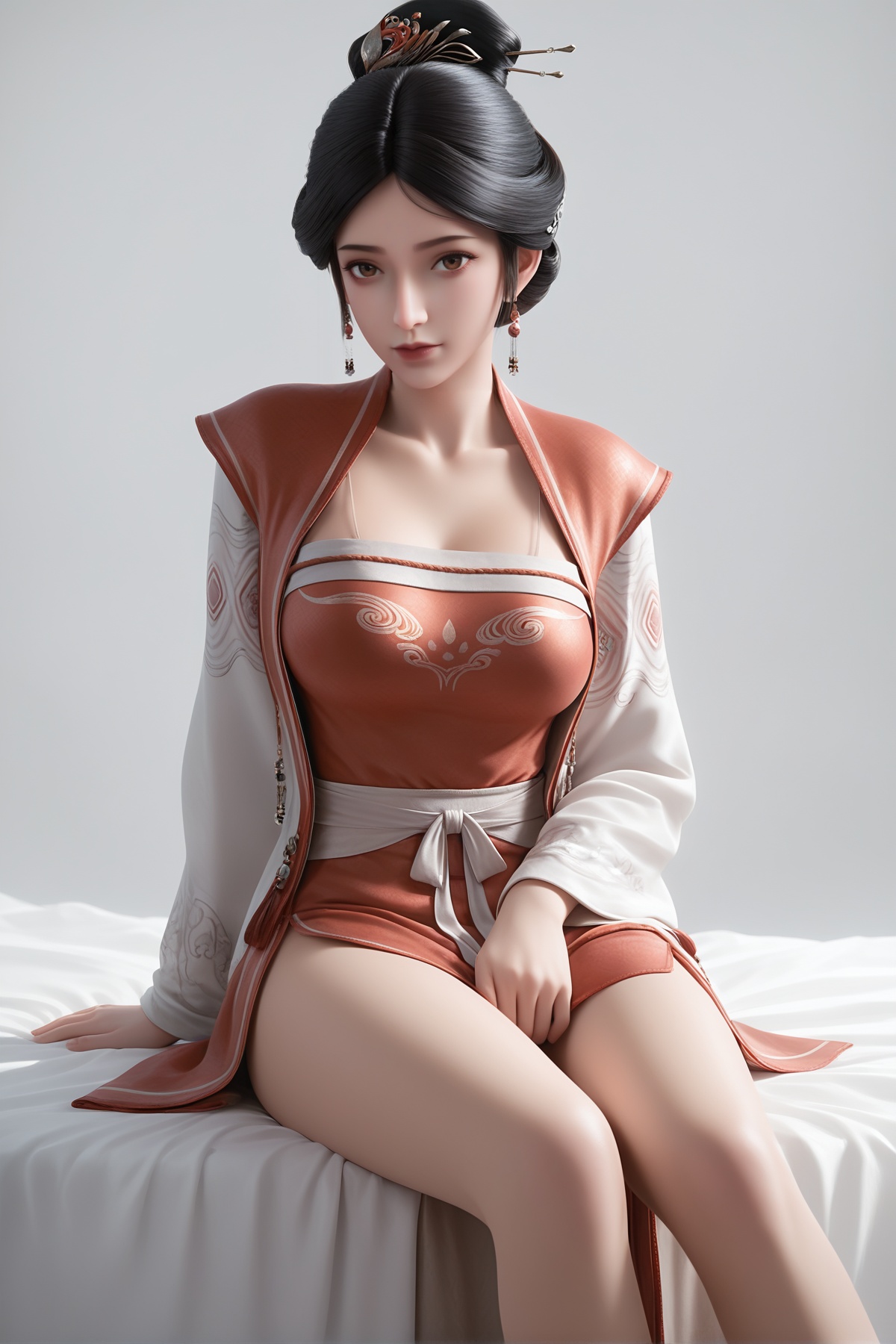 masterpiece,best quality,realistic,cinematic,detail eyes,(ultra-detailed),perfect composition,intricate details,absurdres,detailed face,high quality,high res,8K,<lora:X_xushi_IL3.0:0.8>,black hair,brown eyes,hair bun,single hair bun,1girl,breast,medium breast,hair_ornament,chinese clothes,dress,bare_legs,sitting,simple background,white_background,bed,looking_at_viewer,red dress,