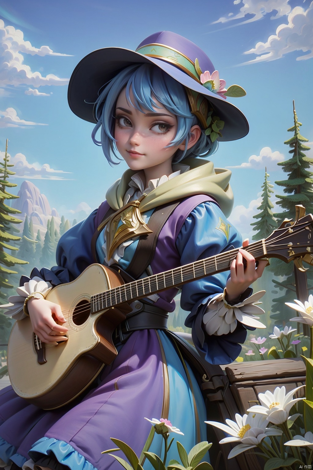 A medieval minstrel with very colorful suit with tippet and hood playing a mandolin in a romantic landscape,  oil painting,  extremely detailed,  masterpiece,  approaching to perfection,  by Moritz von Schwind and Alan Lee,<lora:EMS-5109-EMS:0.800000>