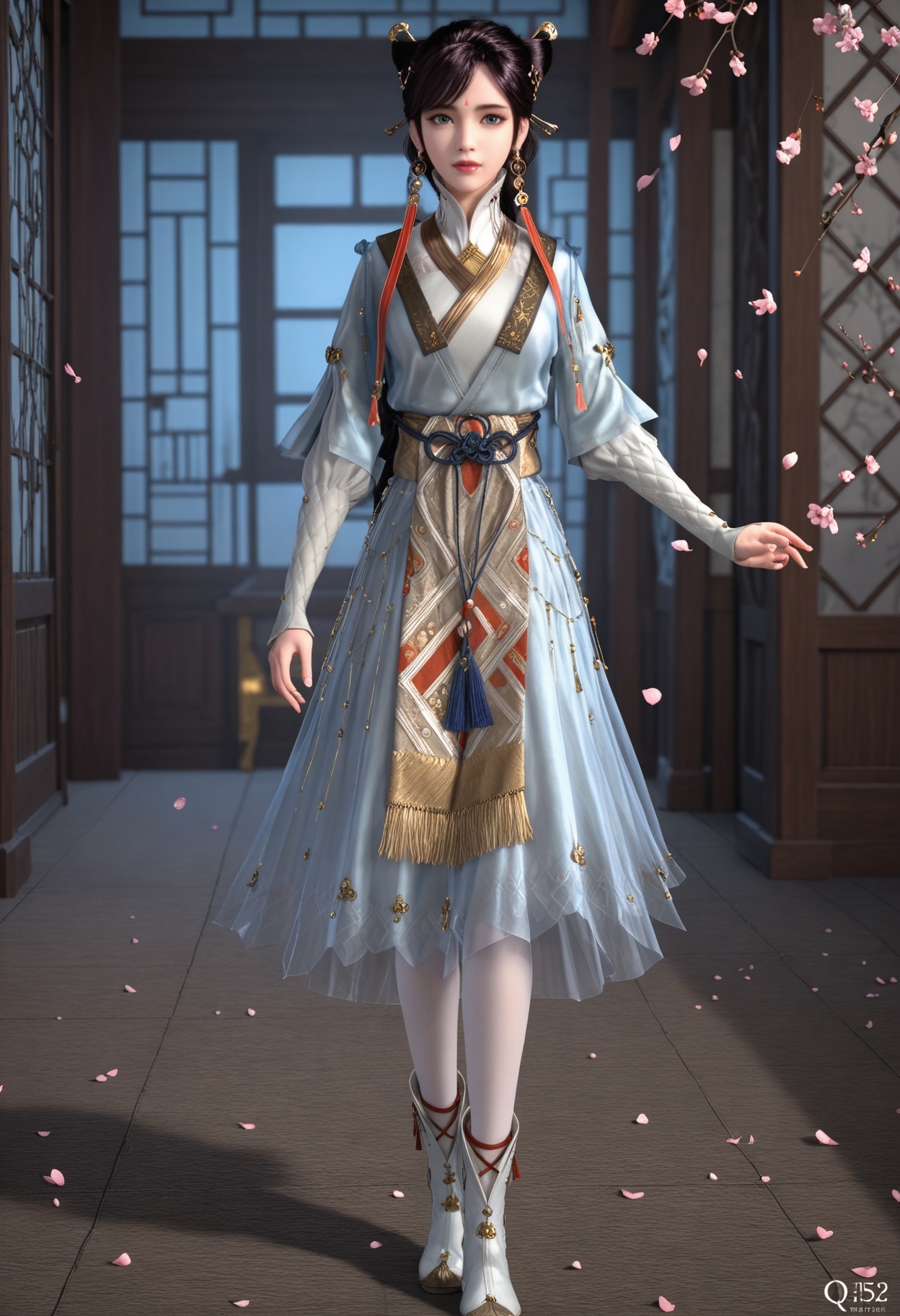 (standing:1.1),(full_body:1.1),(looking at viewer:1.1),masterpiece,(best quality),smog,Dark room,dim lighting,peach blossom,falling petals,<lora:YQ_Illustrious光辉v5_徐灵犀_V1:0.8>,q1528437228,1girl,solo,jewelry,earrings,hair ornament,black hair,lips,chinese clothes,dress,forehead mark,green eyes,hair bun,long hair,makeup,brown hair,hair stick,long sleeves,tassel,boots,white pantyhose,braid,blue eyes,brown eyes,double bun,