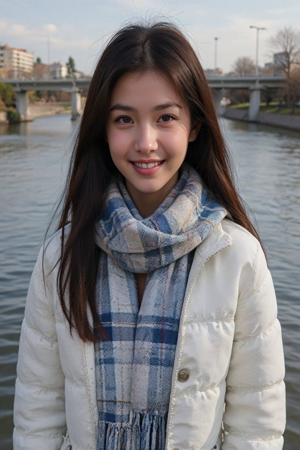 Create an outdoor portrait of a young woman standing by a calm river on a clear day. She has long,  dark hair and a warm s...
