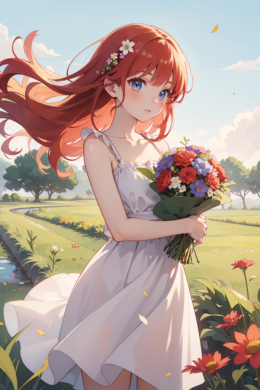upper body, Create an image of an anime girl with bright red hair, wearing a sundress and holding a bouquet of wildflowers, standing in a field of tall grass with a soft breeze blowing through. The scene should capture the whimsical and carefree style of Sakimichan, with a sense of peace and tranquility in the air.
