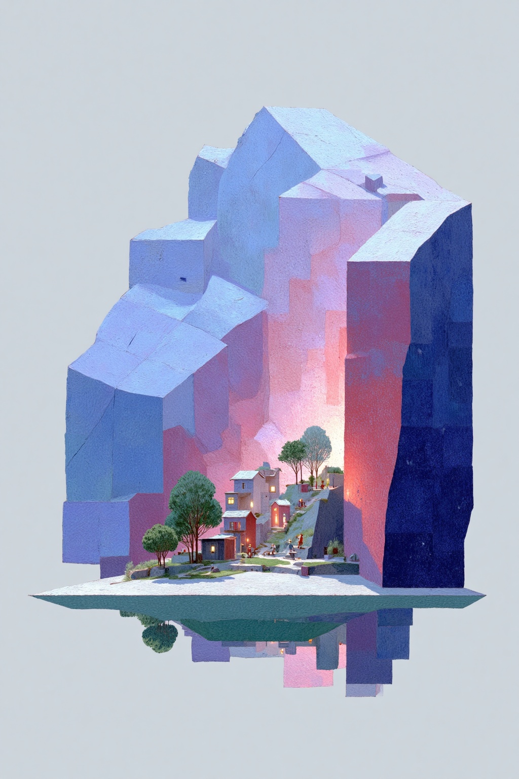beijihui,Captured at eye-level,a water-level painting of a mountain with a small village in front of it. The mountain is adorned with a variety of colors,including purple,pink,blue,and red. The village is situated on a small patch of water,with a reflection of the mountain in the lower right corner of the frame. The scene is set against a light gray background.,