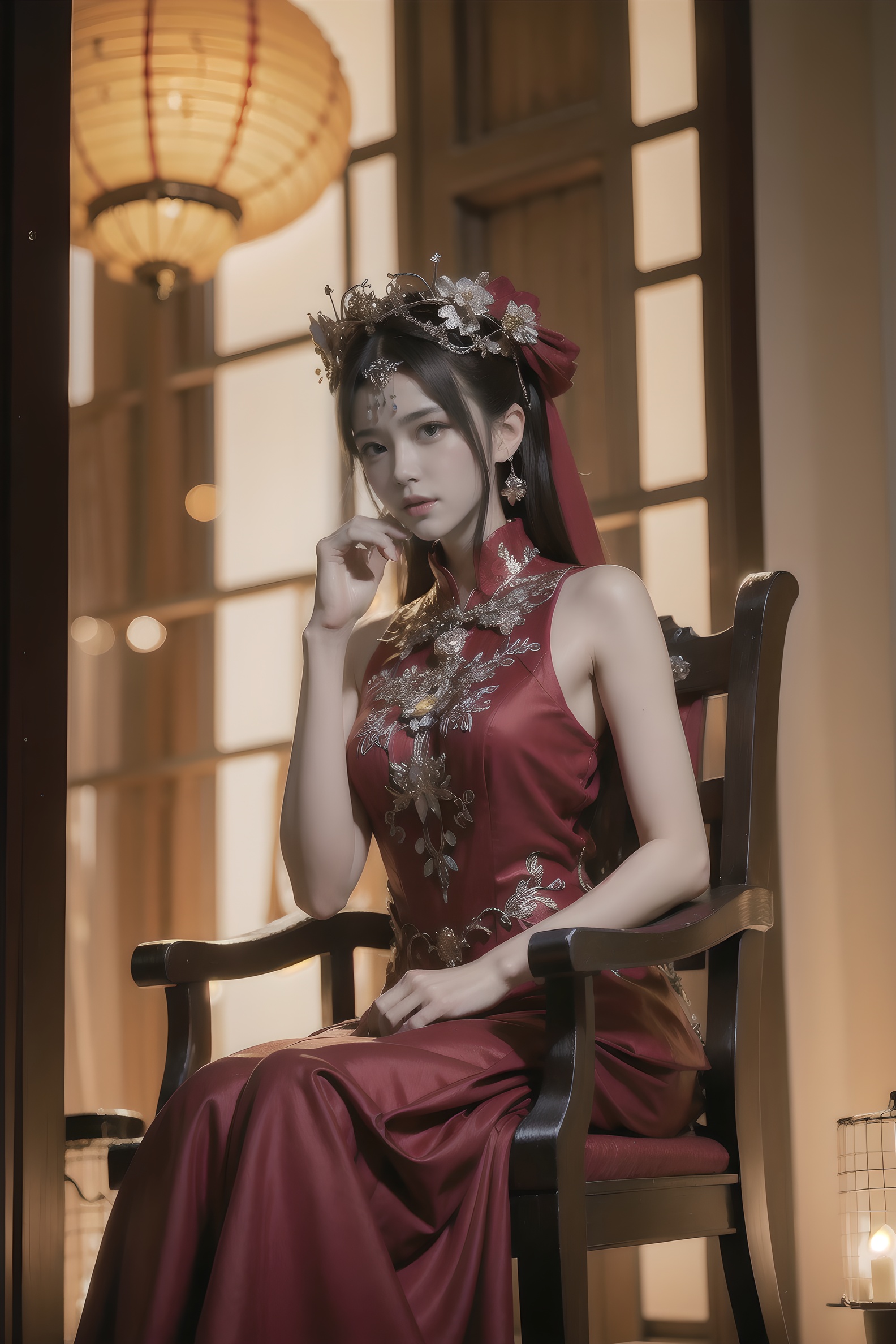 a woman sitting in a chair with a lot of lights behind her and a lot of lanterns behind her,Chen Chun,classical painting,a painting,fantasy artbest quality,masterpiece,realistic,masterpiece,Highly detailed,extreme detail description, <lora:中式花嫁v1:0.8>,Red wedding dress, 