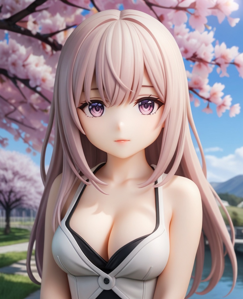 (,1girl, ,best quality, ),looking at viewer,  ultra detailed background,ultra realistic 8k cg,ultra detailed 8k cg,masterpiece,upper body,  (( , )),, ,science fiction,mole, ultra realistic 8k cg, ,    ,outdoors, sun,sunlight, cherry blossoms,      (cleavage), (),