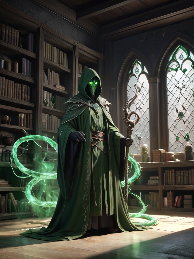 venomous sorcerer,ominous dark robes,glowing green eyes,holding a staff with a serpent design,mystical green flames,poisonous mist swirling,ancient spellbooks,dark stone castle interior,detailed arcane symbols,menacing expression,powerful stance,black and green magical aura,creeping vines with thorns,glowing potions on shelves,dark leather gloves with intricate patterns,ominous full moon visible through window,tattered cloak,deep shadows,emerald gemstone on staff,(best quality,4k,8k,highres,masterpiece:1.2),ultra-detailed,(realistic,photorealistic,photo-realistic:1.37),HDR,UHD,studio lighting,sharp focus,physically-based rendering,extreme detail description,professional,vivid colors,bokeh,