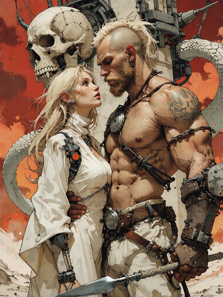 Bradhamel art style. A muscular,  bald,  bearded warrior with blonde hair and tribal-style armor on Tensor.Art