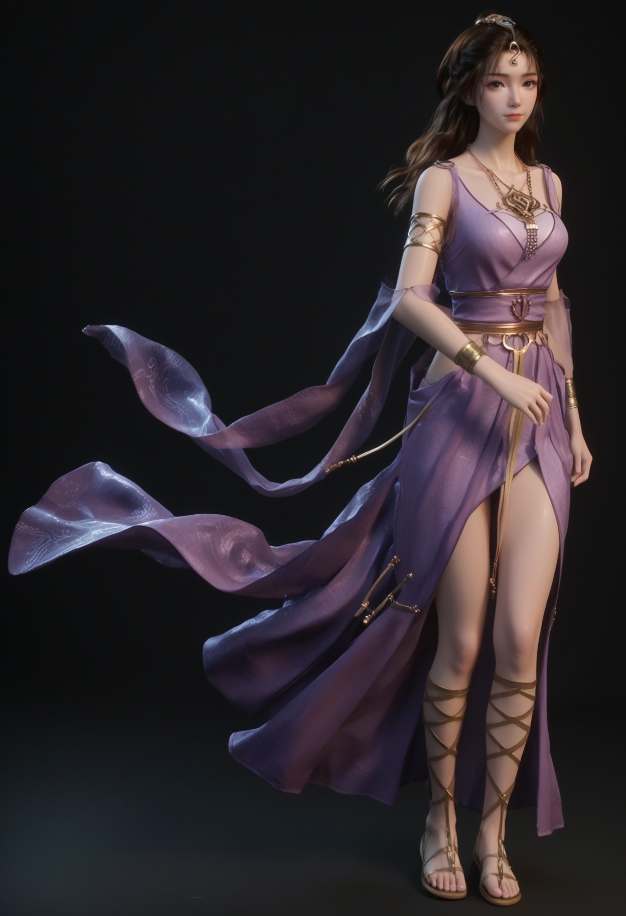 (standing full_body:1.1),score_9,score_8_up,masterpiece,(best quality),intricate details,facing viewer,(looking at viewer:1.1),<lora:YQ_pony_wensiyue_V4:0.8>,q1528437228,1girl,solo,jewelry,blue dress,dress,purple dress,necklace,brown hair,long hair,black hair,hair ornament,bracelet,armlet,brown eyes,sandals,ponytail,sash,black eyes,blue eyes,BREAKscore_9,score_8_up,masterpiece,(best quality),perfect anatomy,(hourglass),perfect face,(simple background,pure black background,black background:1.1),fair_skin,shiny_skin,Ivory_skin,