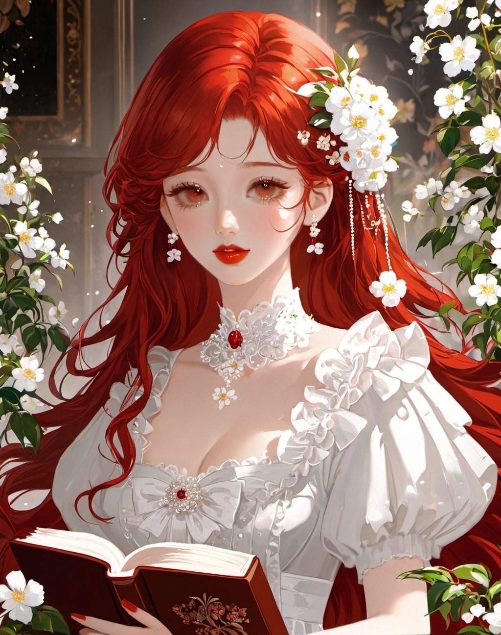 highly detailed,ultra-high resolutions,32K UHD,best quality,masterpiece,exquisite style, 1girl, flower, white flower, mole, red lips, A serene-looking animated female character with vibrant red hair, adorned in a white dress, is surrounded by white flowers and is holding a book.<lora:Exquisite style-000007:0.85>,